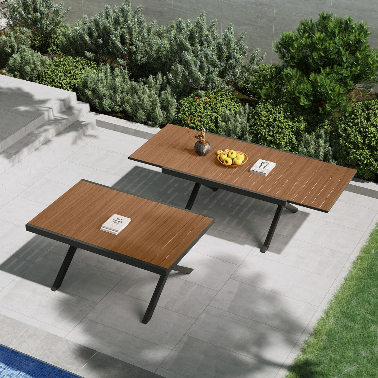 Grand patio 7-Piece Outdoor Dining Set, 6 Extra-Wide Foldable Chairs & 1 Extendable Table, UV-Resistant Mesh Patio Furniture Set, Wood Grain Tabletop for Garden, Yard and Terrace, Black Grand patio