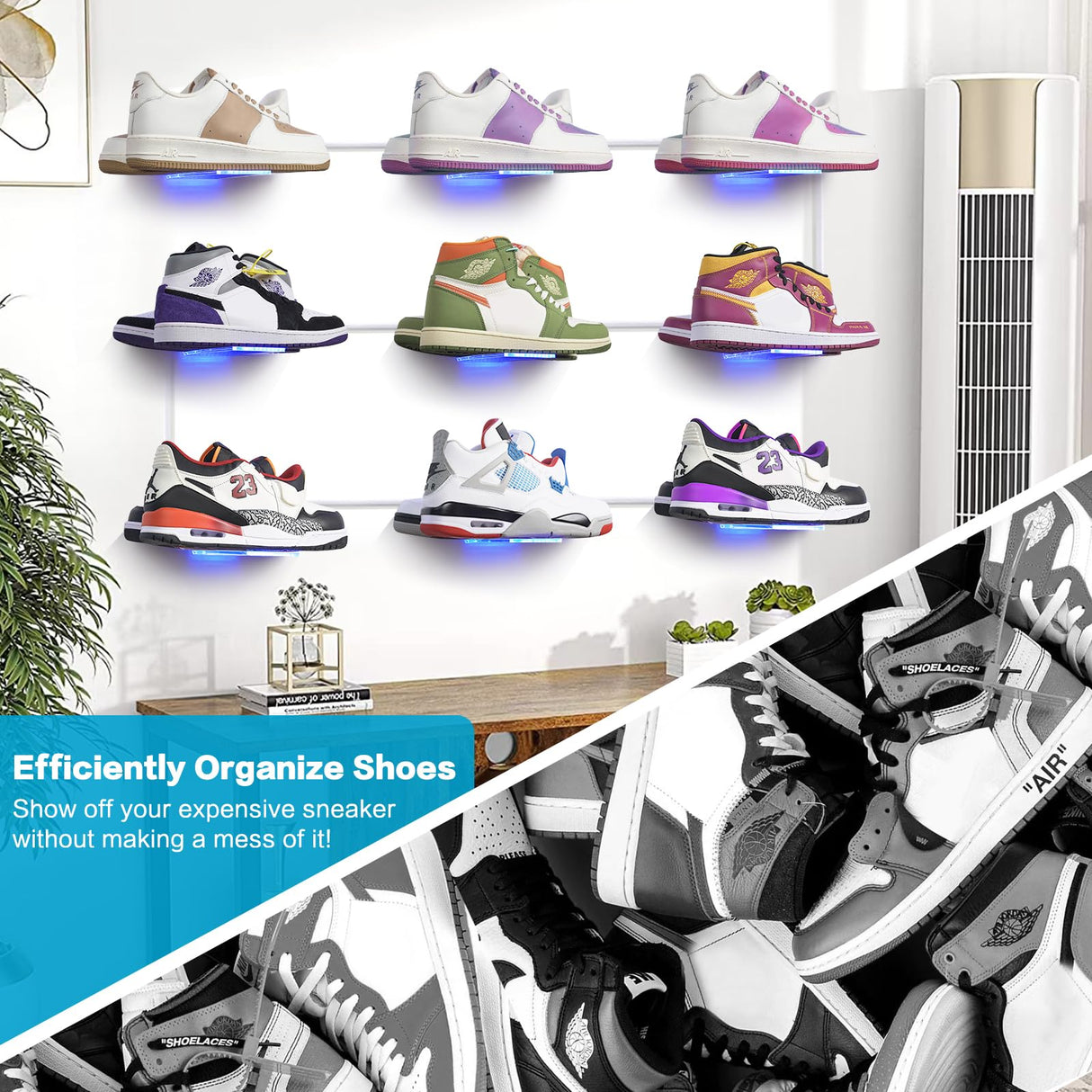 DILIBRA Set of 6 Floating Shoe Display Shelf with Lights, Glow Color Changing Clear Acrylic Shoe Shelf for Wall, Levitating Sneaker Shelves Wall Mount for Display Your Top Shoes Collection DILIBRA
