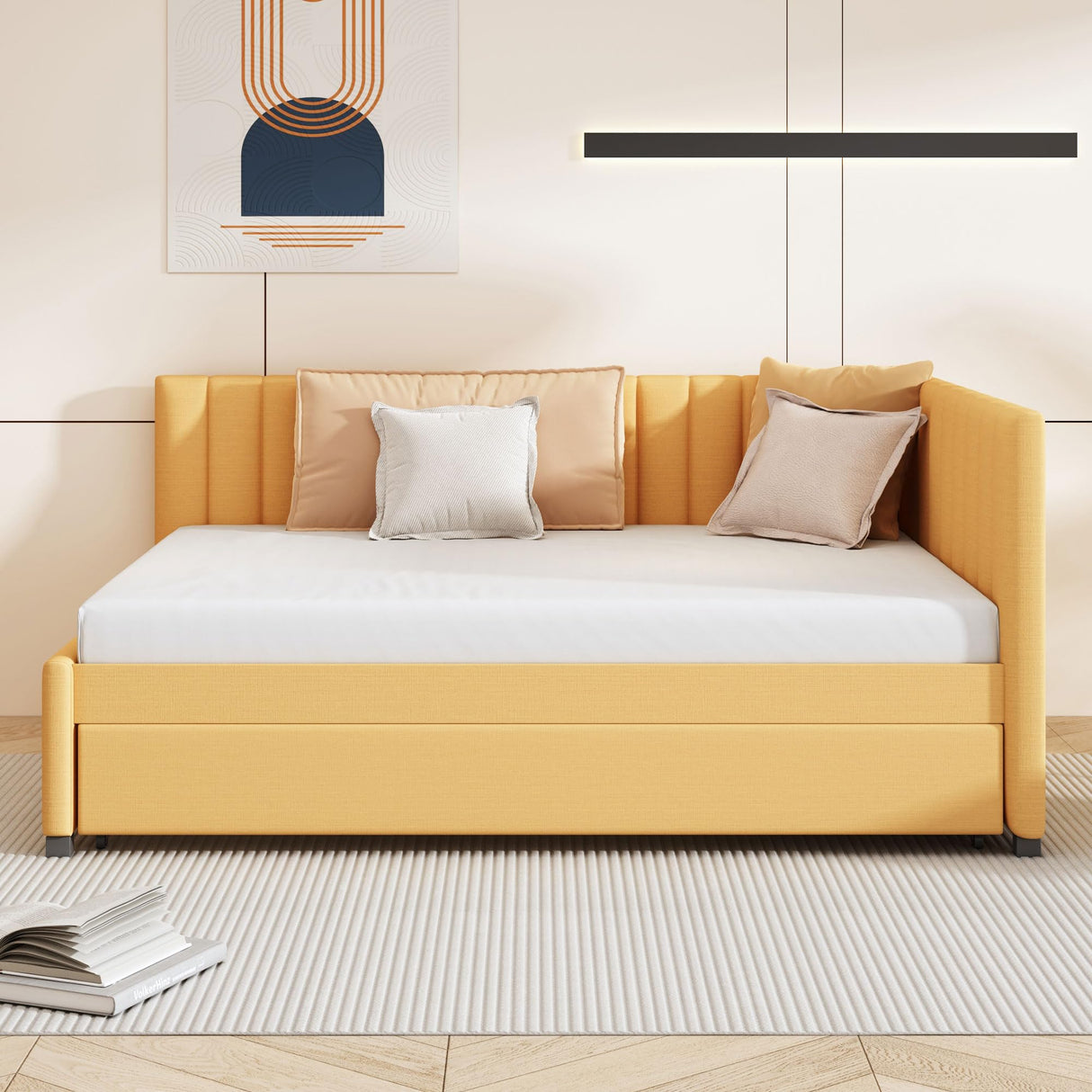 Harper & Bright Designs Full Size Upholstered Daybed with Trundle, Daybed with Wood Slats, Linen Fabric Sofa Bed Frame for Living Room Bedroom (Full, Yellow) Harper & Bright Designs