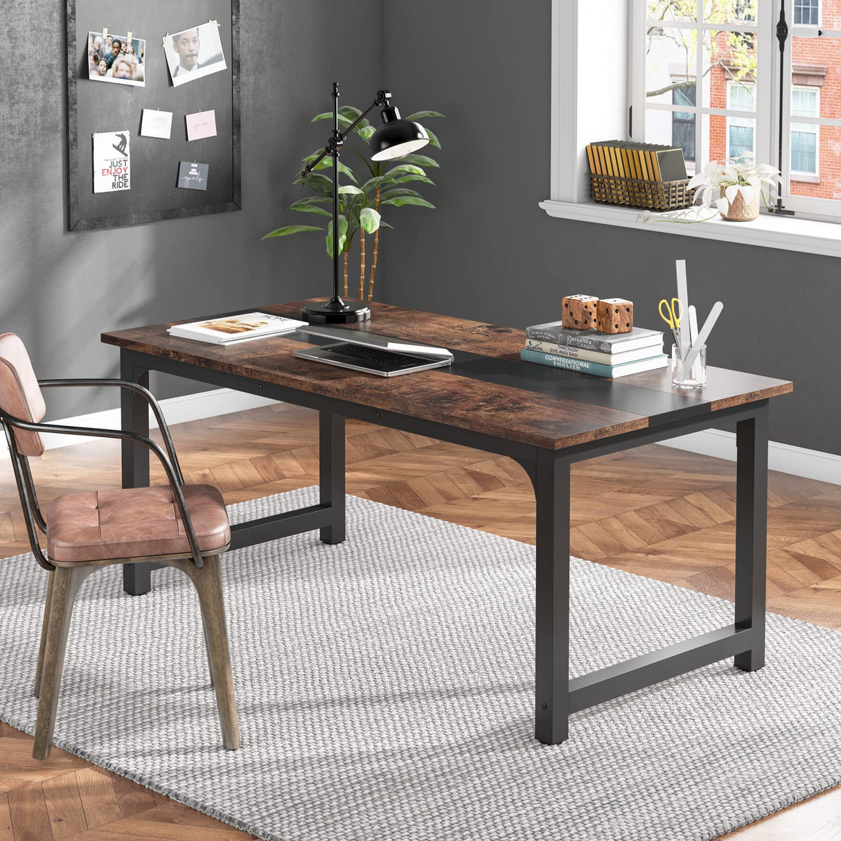 Tribesigns 63” Executive Desk, Large Office Computer Desk with Thicken Frame, Modern Simple Workstation Business Furniture for Home Office, Vintage Brown/Black Tribesigns