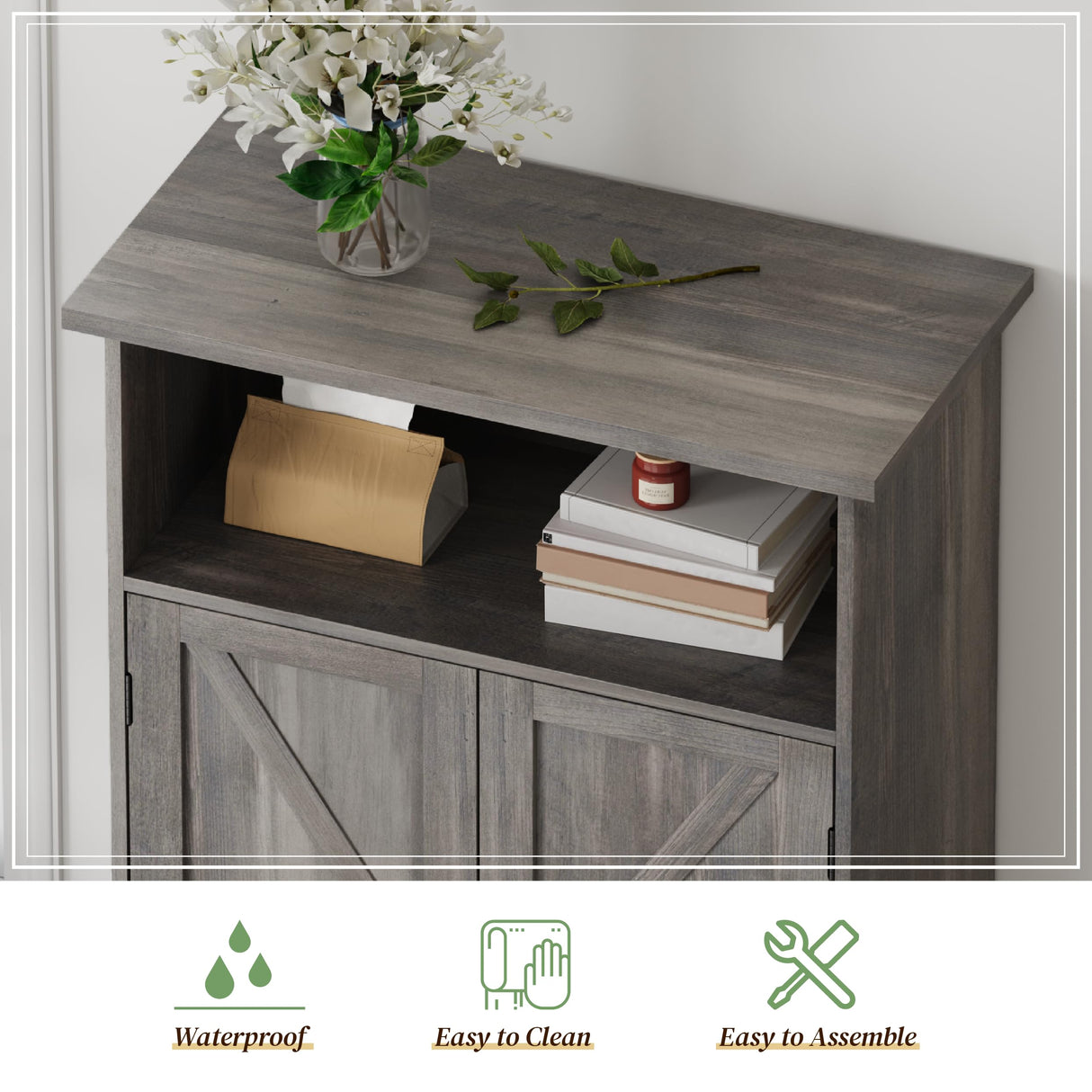 Smuxee Farmhouse Freestanding Cabinet Organizer with Barn Door and Adjustable Shelf, Wash Grey, for Bathroom, Kitchen, Living Room Smuxee