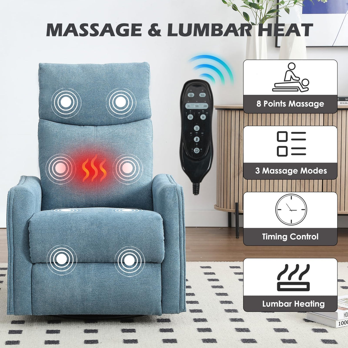 Trustyue Swivel Rocker Recliner Chair, 360° Swivel Recliner with Heat and Massage, Rocker Recliner Nursery Glider Chair with Side Pockets for Living Room (Light Blue, Fabric) Trustyue