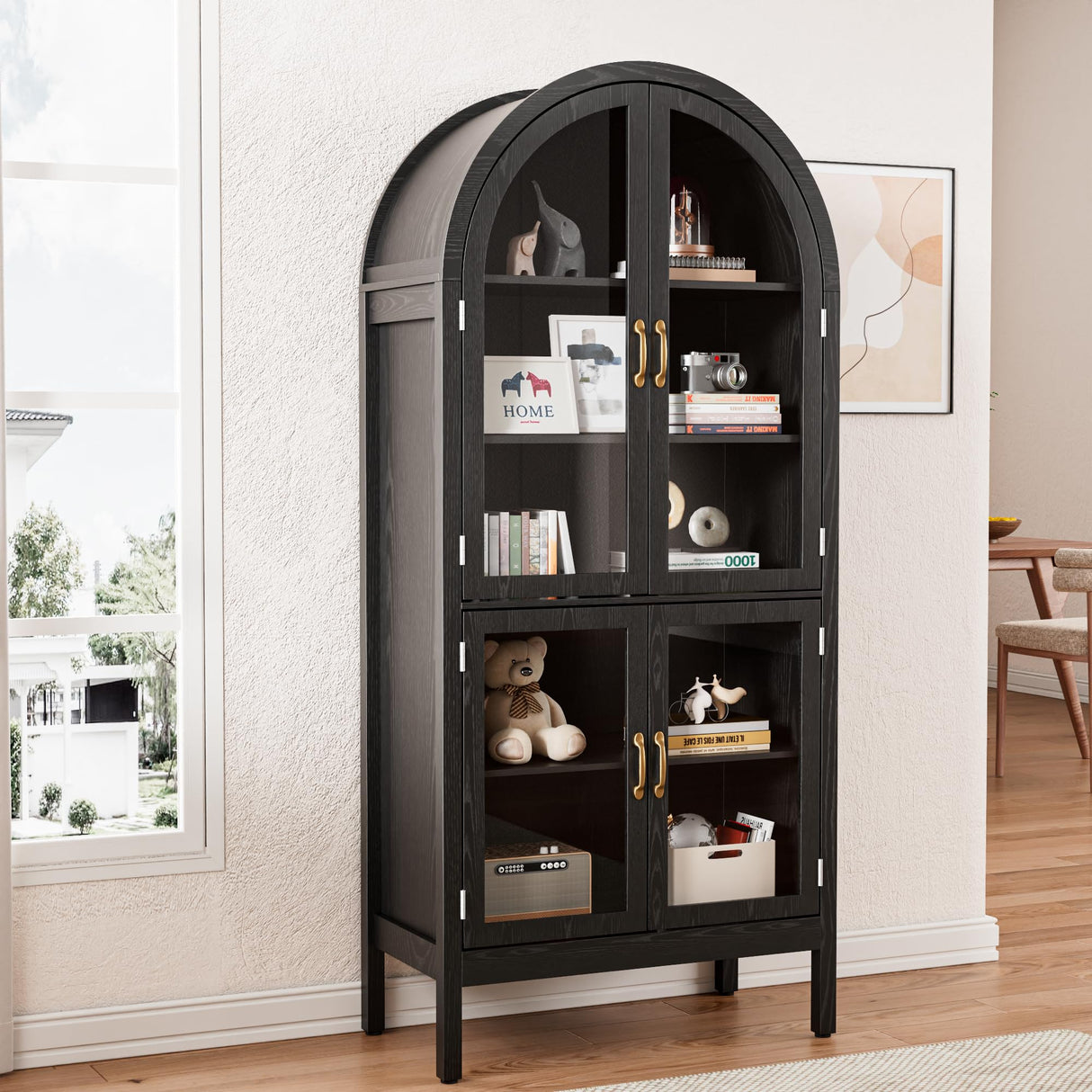 70.9'' Tall Arched Display Cabinet with Acrylic Glass Doors, Modern 5-Tier Arched Bookcase, Kitchen Pantry Storage Cabinet Curio Cabinets for Living Dining Room (Black, 31.5‘’W) Lxsxlome