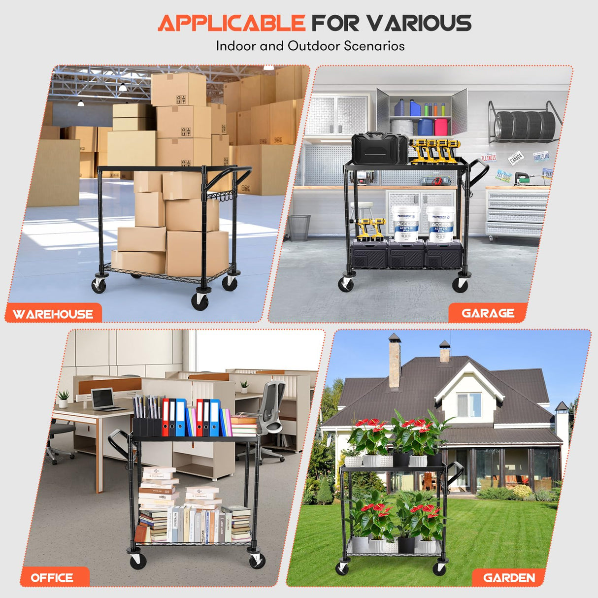 WDT 680Lbs Capacity Heavy Duty Rolling Utility Cart,2 Tier Rolling Carts with Wheels,Commercial Grade Metal Cart with Handle Bar & Shelf Liner,Trolley Serving Cart for Restaurant,Kitchen,Black WDT