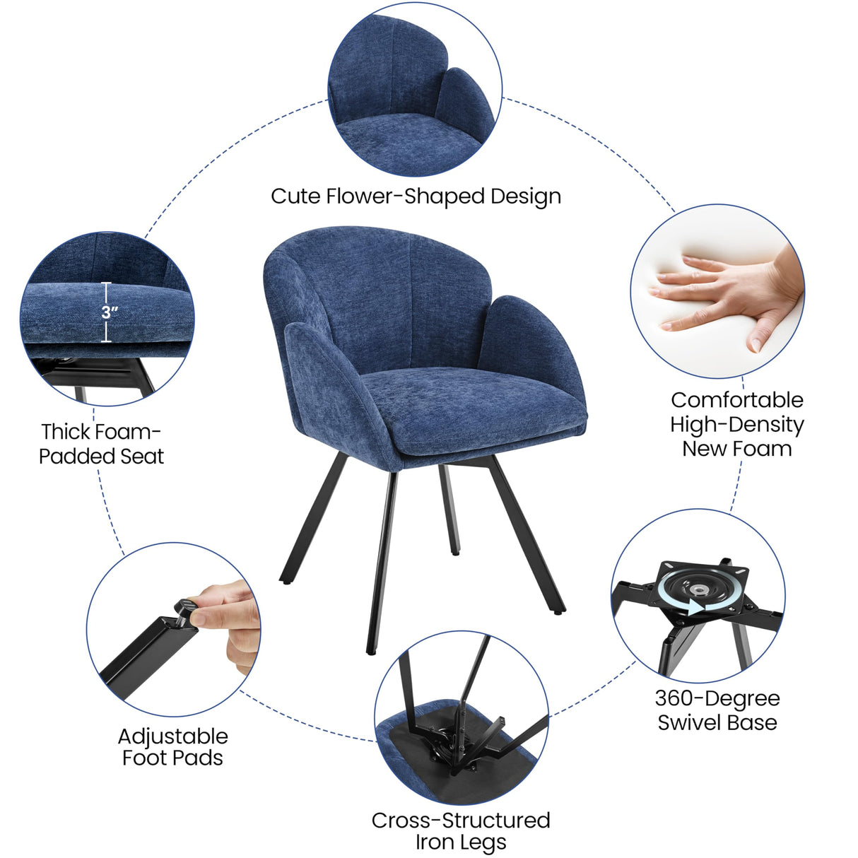 Yaheetech Swivel Accent Chair, Flower Chenille Armchair, Vanity Chair Side Chair with 360-Degree Swivel Base and Seat Cushion for Living Room/Bedroom/Home Office/Makeup, Blue Yaheetech