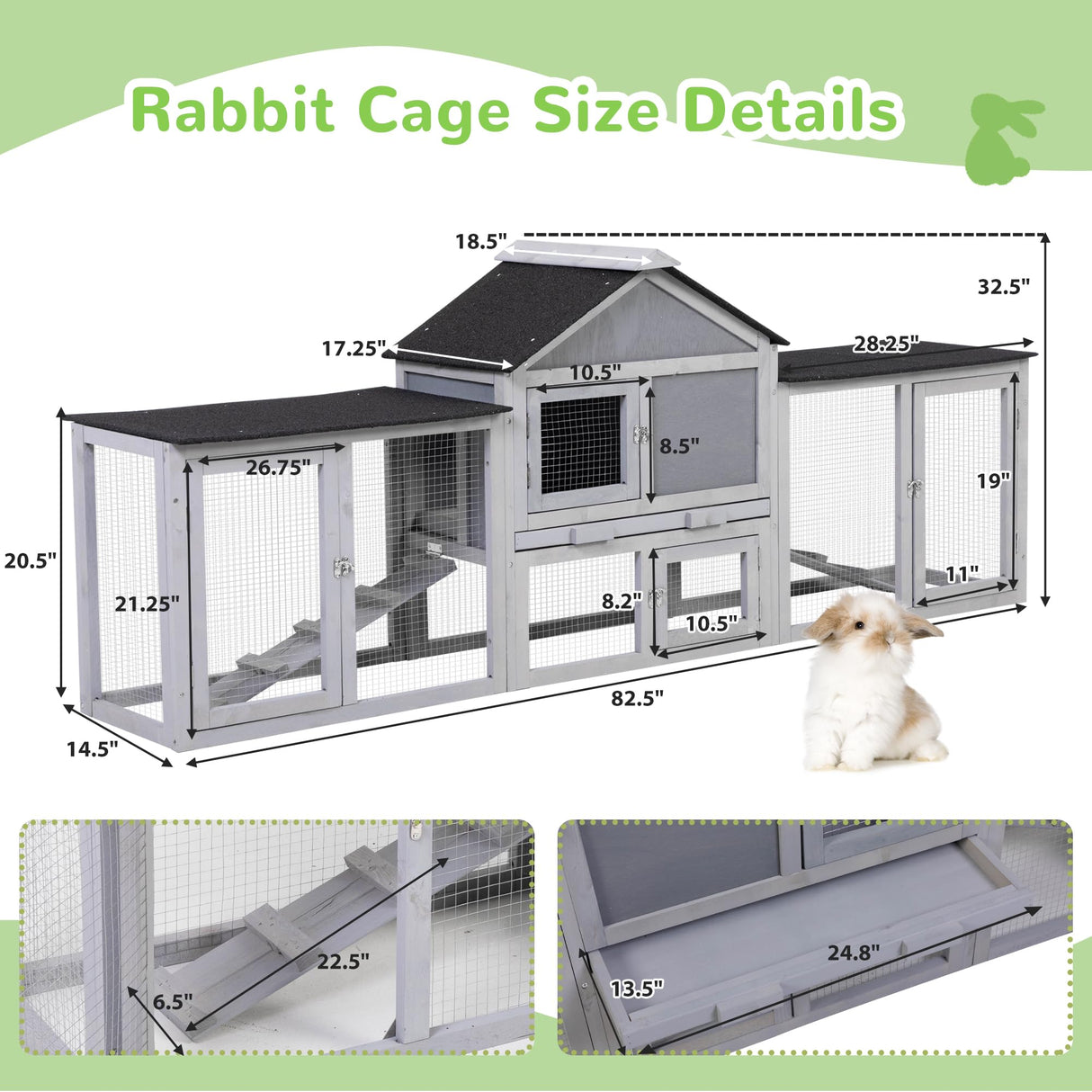 82.5” Large Wooden Rabbit Hutch Outdoor Easy to Assemble Rabbit Cage and Durable Bunny Hutch Indoor with Cleaning Tray & Waterproof Roof for Small and Medium Bunny Rabbit Chick (Grey) Nyeekoy
