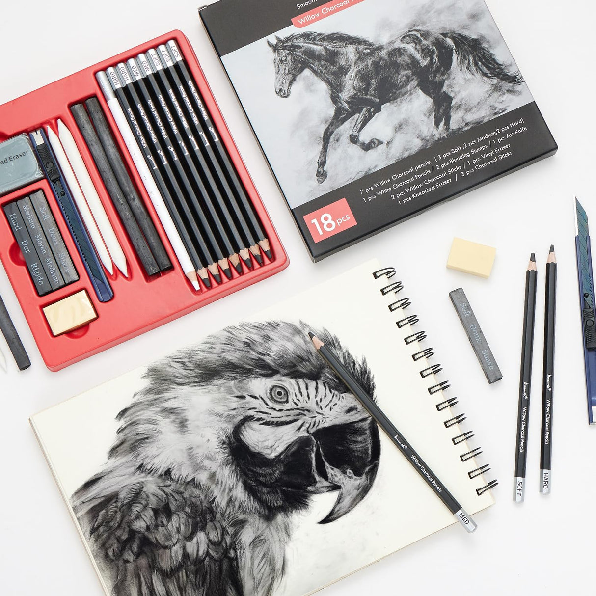 Brusarth Charcoal Pencils for Drawing, 18 Pcs Art Pencil Kit, Professional Sketching Pencil, Art Supplies for Drawing, Shading, Sketching, Blending, Artist Pencils for Beginners & Artists Brusarth