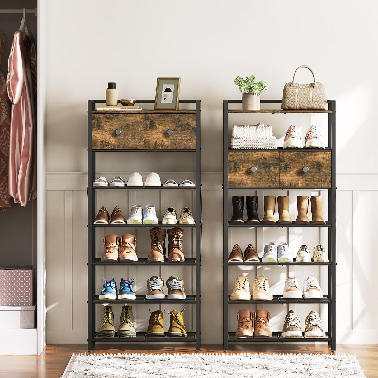 YATINEY Shoe Rack, 7-Tier Shoe Storage Organizer for Entryway, Free Standing Shoe Shelf with 2 Non-Woven Drawers, Metal Frame, for Closet, Hallway, Garage, Rustic Brown and Black SS07BR YATINEY