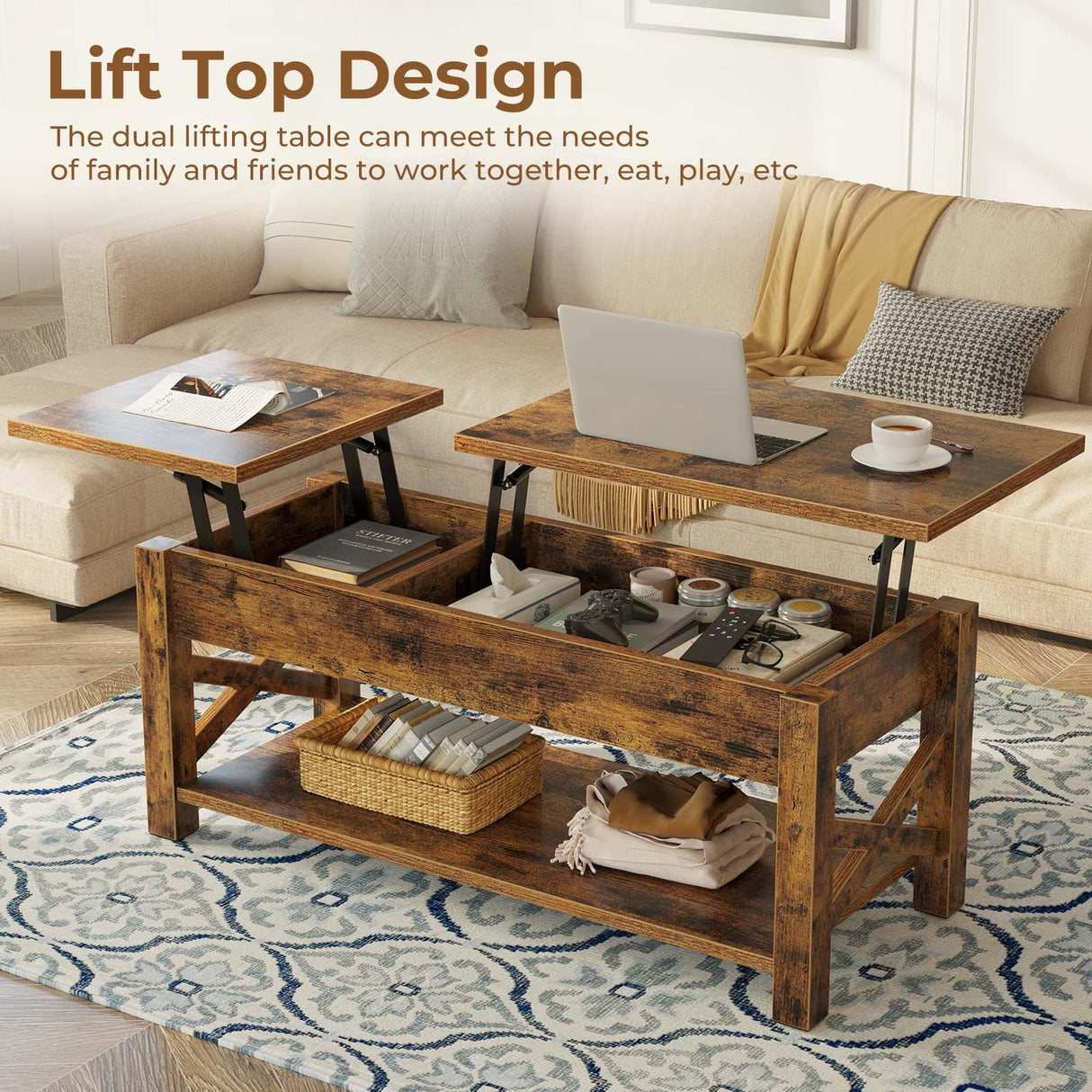 Rolanstar Coffee Table 47.2", 2 Way Lift Top Coffee Table with Hidden Compartment, Lift Top Coffee Table with Open Shelf & X Wooden Support, Center Table for Living Room, Rustic Brown Rolanstar