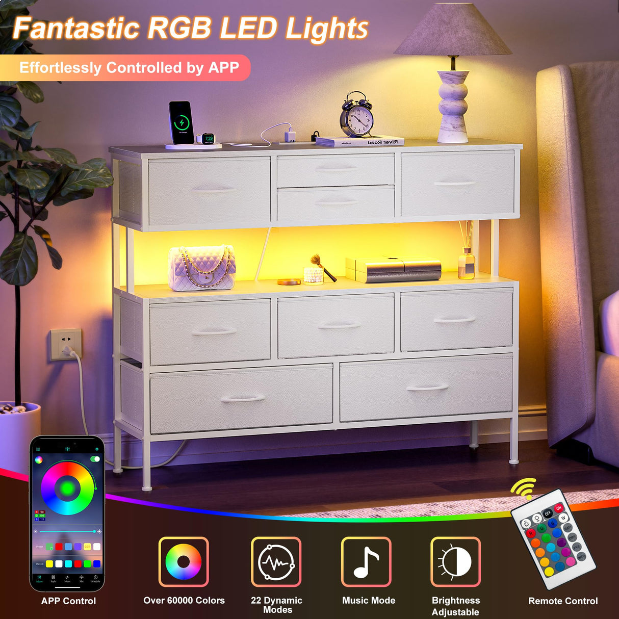 REAHOME Dresser TV Stand with Charging Station and LED Lights, 55” TV Stand with 9 Drawers, Fabric Dresser for Bedroom, Steel Frame, Large Storage Chest of Drawers for Closet, Living Room, White REAHOME