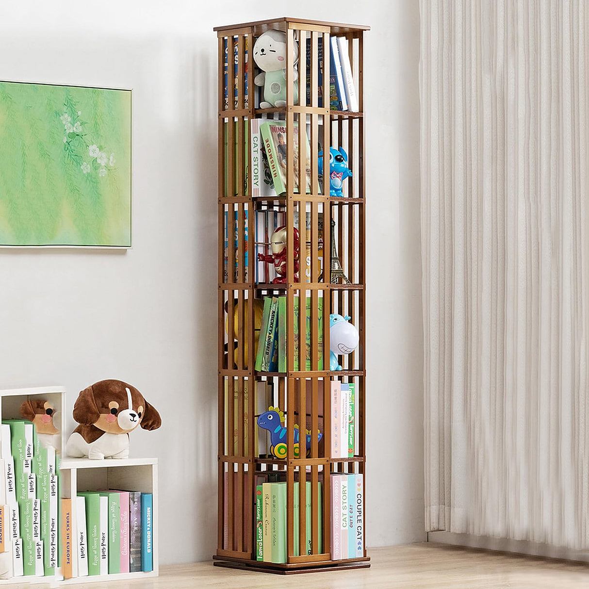 Teal Bamboo 360° Rotating Bookshelf with Open Shelving for Stylish Storage WoodArtSupply