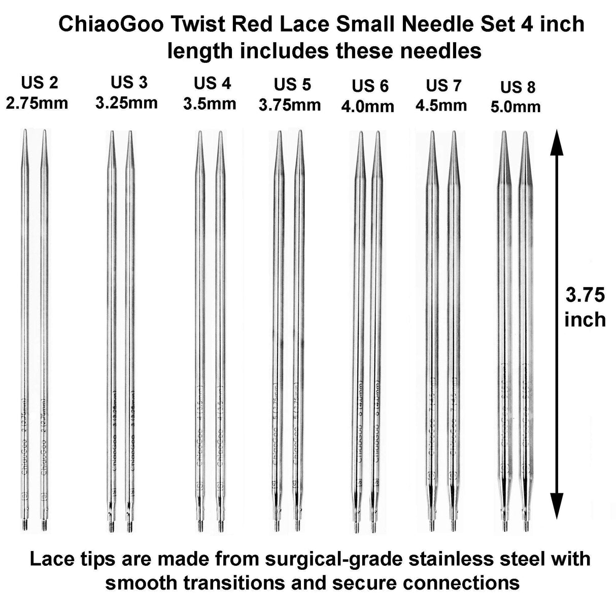 ChiaoGoo Twist Red Lace 4-Inch Small 7400-S Interchangeable Circular Knitting Needle Set, Sizes US 2, 3, 4, 5, 6, 7, 8, Stainless Steel with 4 Cords with Project Bag ChiaoGoo