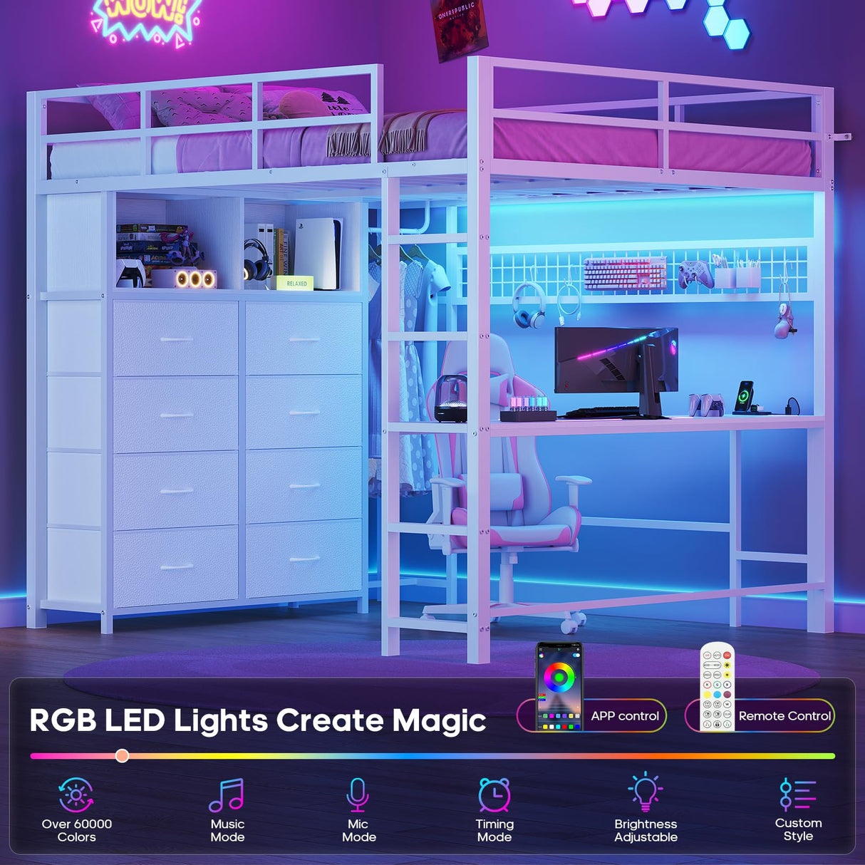 ADORNEVE Loft Bed Full Size with Desk and 8 Storage Drawers, LED Metal Loft Bed with Power Outlet, 2 Shelves & Clothing Rack, Bed with Safety Guardrail & Ladder,Space-Saving, White ADORNEVE