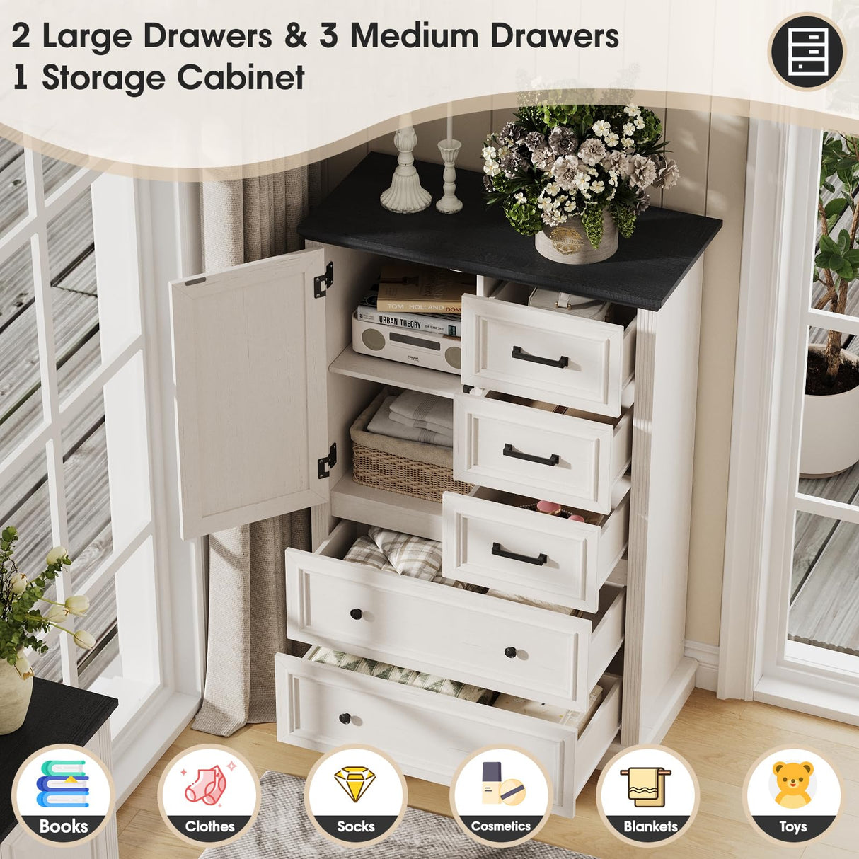 Maupvit Farmhouse 5 Drawer Dresser for Bedroom, 31.5" Tall Wood Chest of Drawers Storage Cabinet with Metal Handle for Living Room, White Maupvit