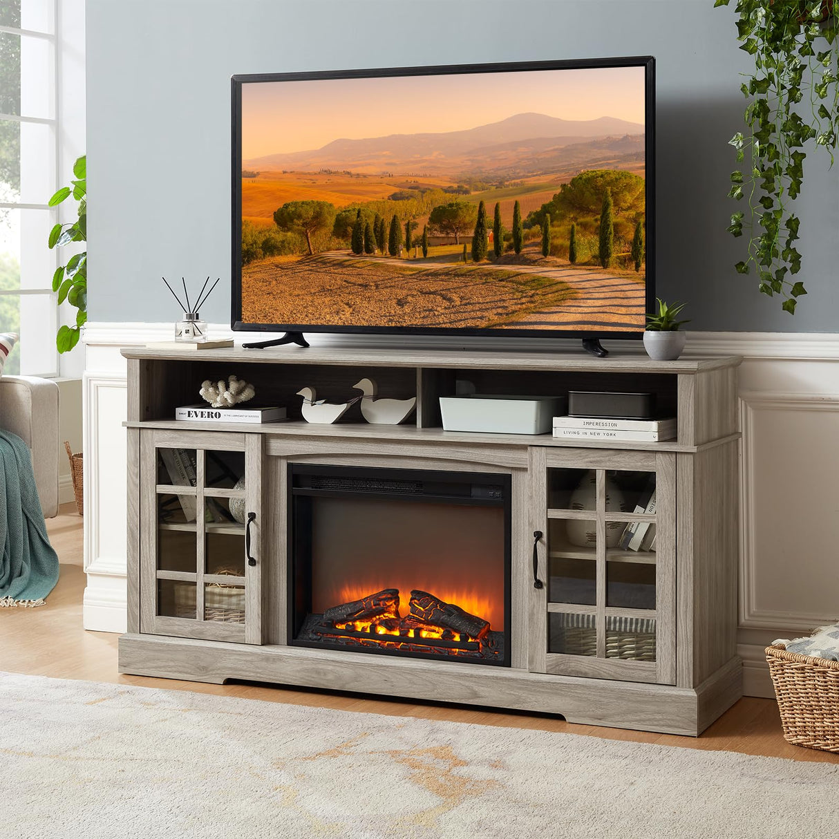 58'' Fireplace TV Stand for Television up to 65", Entertainment Center with Storage Cabinet and Shelves, 23'' Detachable Electric Fireplace with Remote&Adjustable Warmth for Living Room/Bedroom, Gray Zelimon