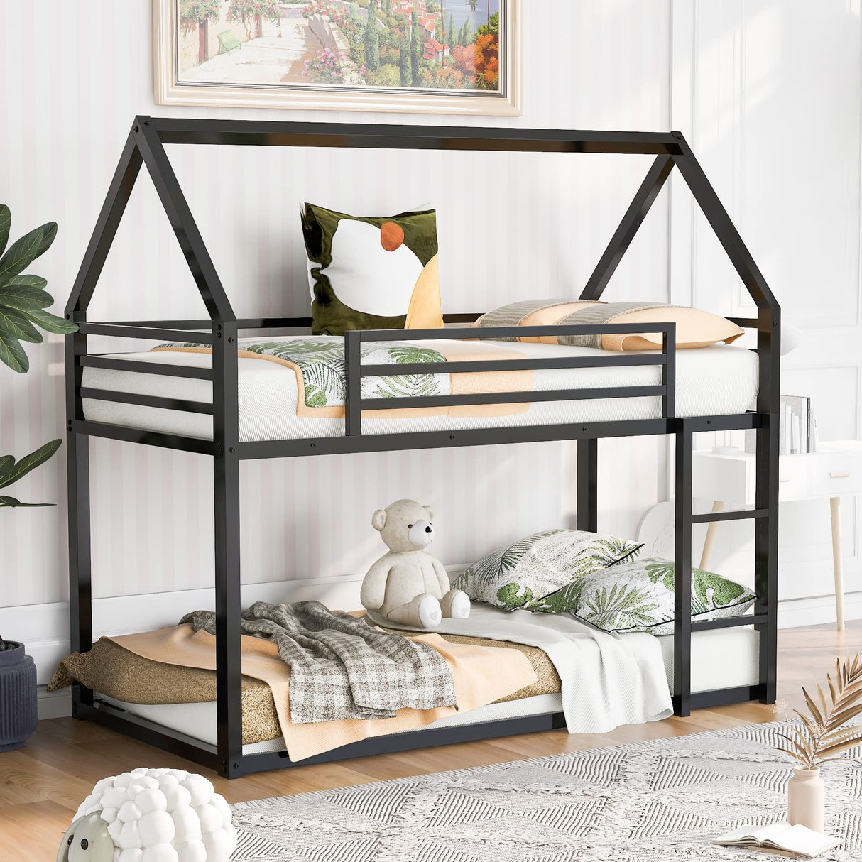 Merax Modern Twin Over Twin Junior Metal Floor Bunk Bed with Ladder House Shaped Bunk Bed Frame for Kids Boys Girls, Space-Saving, Black Merax