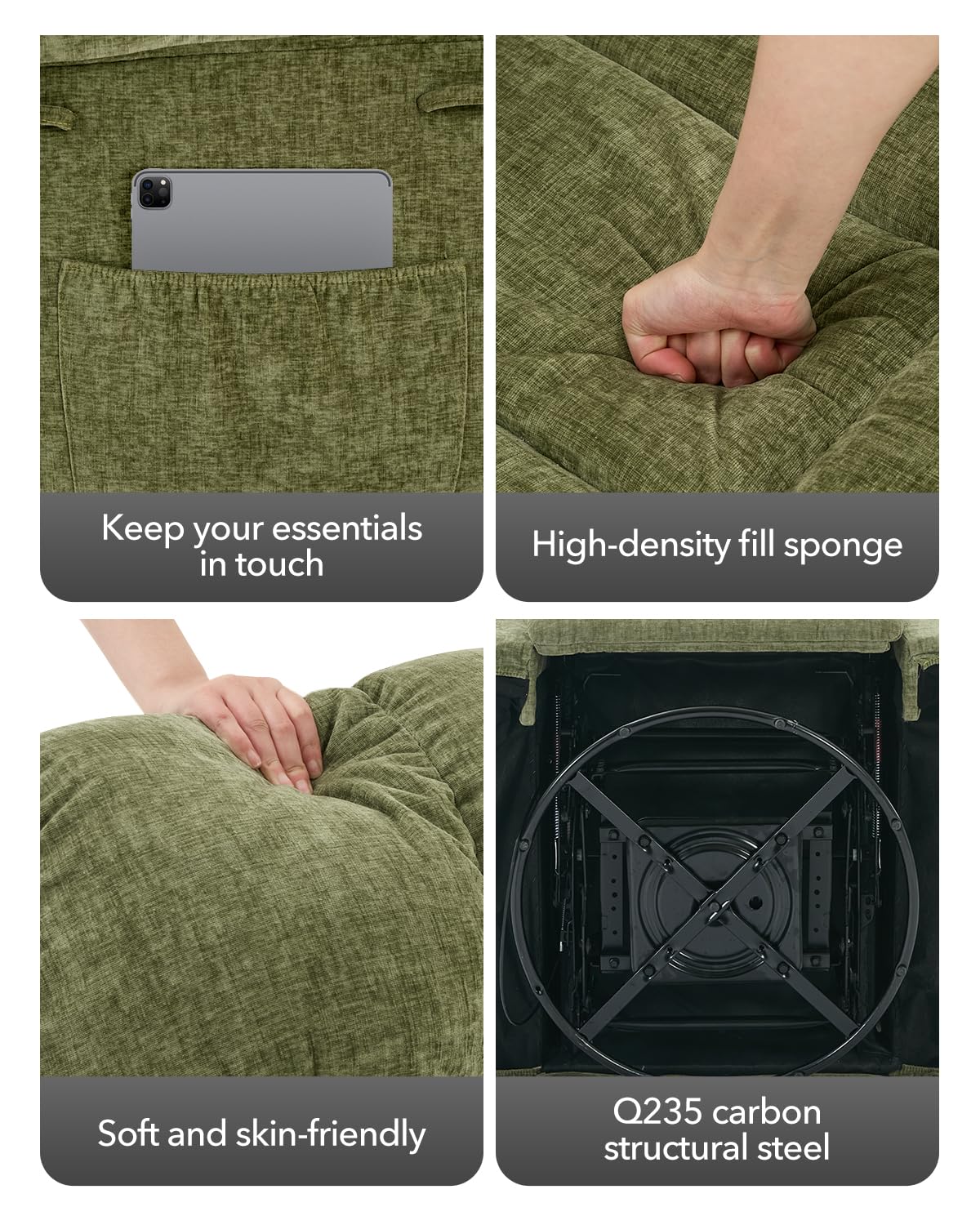 GarveeHome Rocking Recliner Chair, 360° Swivel Rocker Chair for Living Room, Upholstered Fabric Glider Nursery Chair with Side Pockets for Small Spaces, q235 Steel Frame Lazy Boy Recliner Single Sofa GarveeHome