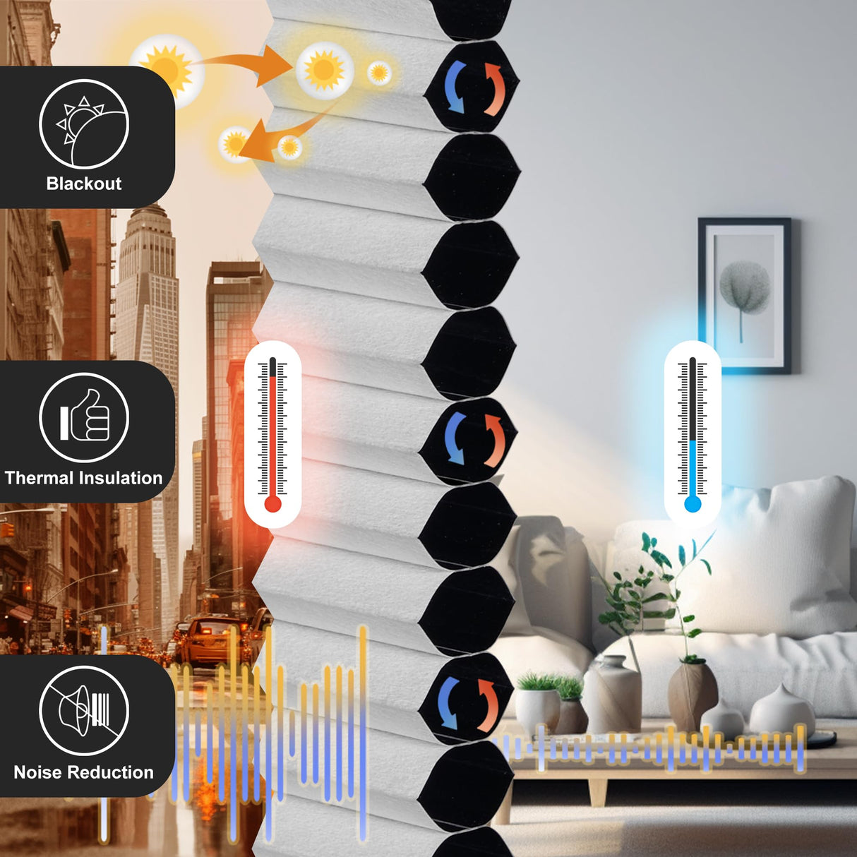 Boolegon No Drill No Tools Cellular Shades Top Down Bottom Up Honeycomb Blinds Blackout Cordless Window Blinds Easy to Install Cellular Shade for Windows,Blackout-White,Custom Size Boolegon