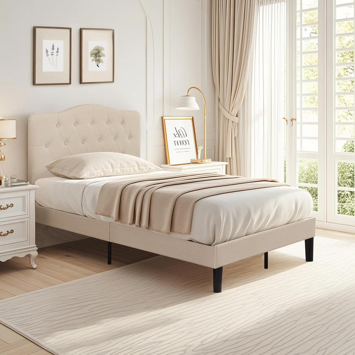 VECELO Twin Size Platform Bed Frame with Fabric Upholstered Headboard and Wooden Slats Support, No Box Spring Needed/Easy Assembly,Beige VECELO