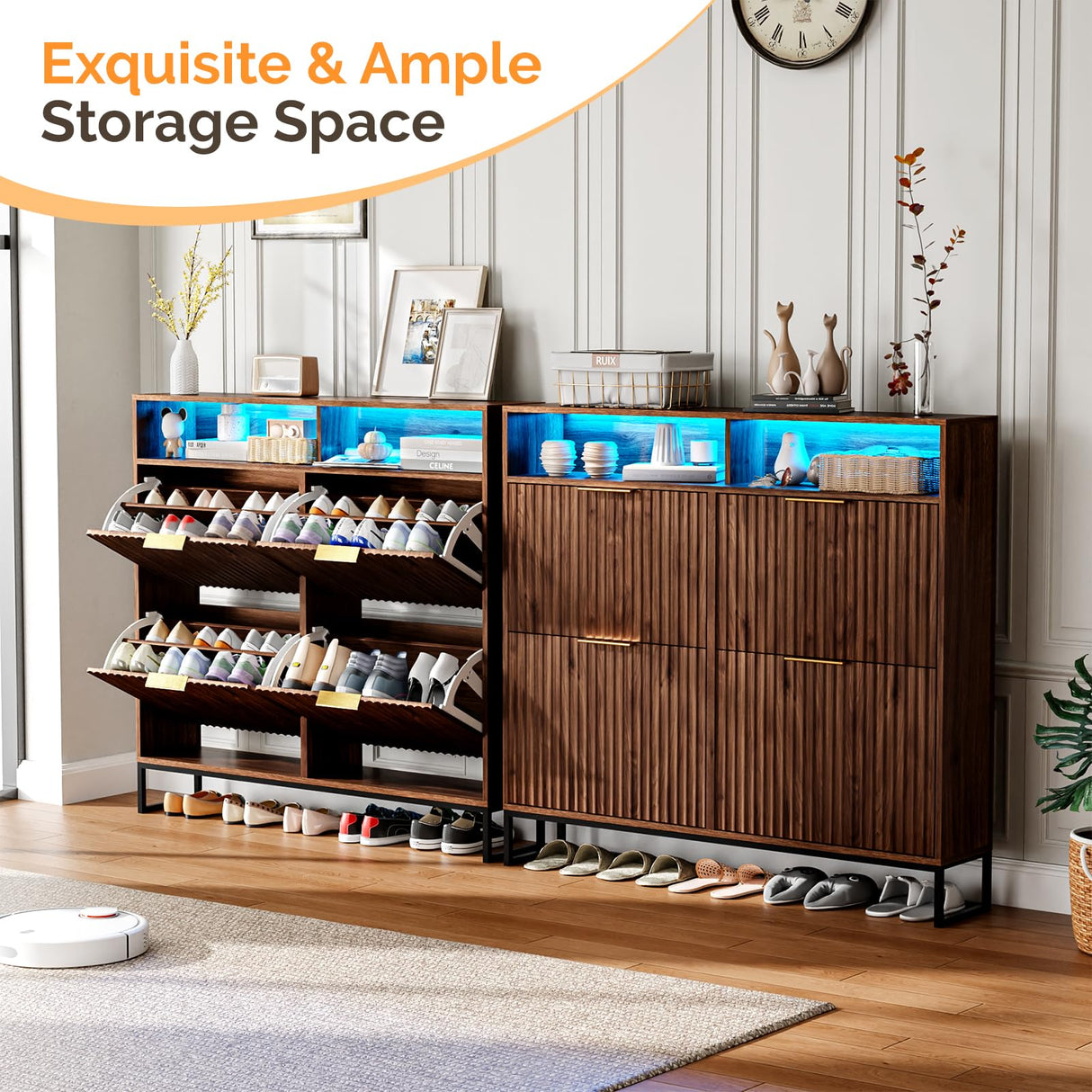 VINGLI Fluted Shoe Cabinet Storage for Entryway,Hidden Shoes Storage Cabinet with 4 Flip Drawers, Mid Century Modern Shoe Rack with LED Light,Shoes Organizer with Cubby for Hallway(Dark Walnut) VINGLI