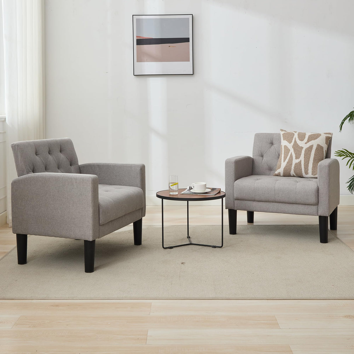 TYBOATLE Accent Chairs Set of 2 Comfy Living Room Chair Tufted Mid Century Modern Accent Chair, Cozy Upholstered Reading Arm Chair for Office, Bedroom (Light Grey, Set of 2) TYBOATLE
