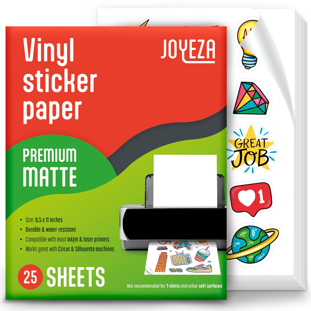 JOYEZA Premium Printable Vinyl Sticker Paper for Inkjet Printer - 25 Sheets Matte White Waterproof, Dries Quickly Vivid Colors, Holds Ink well- Tear Resistant - Inkjet & Laser Printer JOYEZA