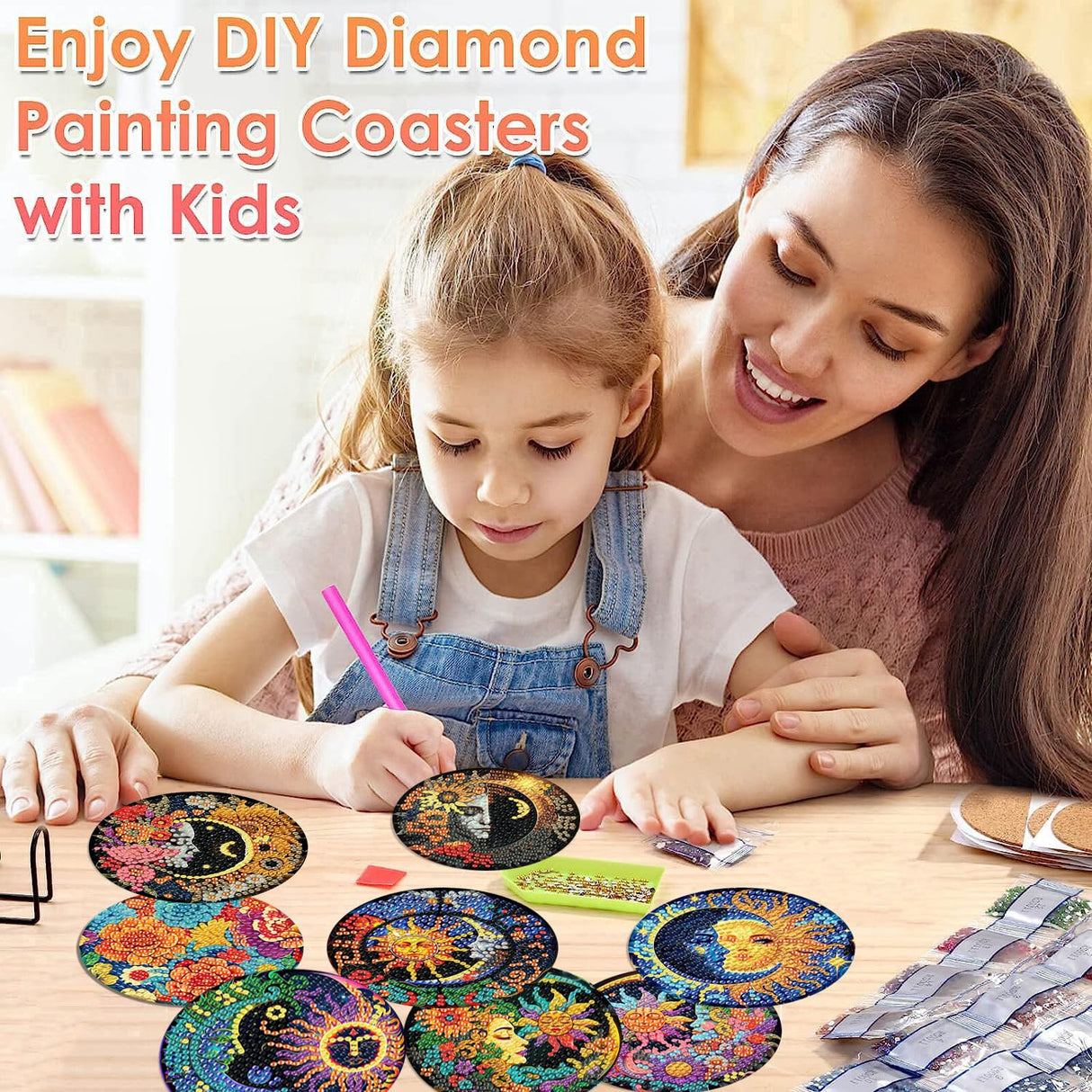 ijbnhd 8 Pcs Sun & Moon Diamond Art Coasters with Holder-DIY Sun & Moon Diamond Painting Coasters 5D Art Coaster with Cork Pads for Adults for Holiday Gift ijbnhd