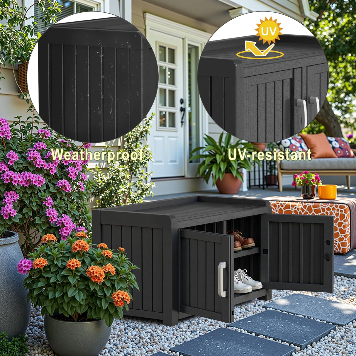 ROJIK Shoe Cabinet Waterproof UV-Resistant,Storage Bench Indoor Outdoor with Adjustable Shelves,for Entryway Bedroom,Hallway,Living Room(Double Door,Black) ROJIK