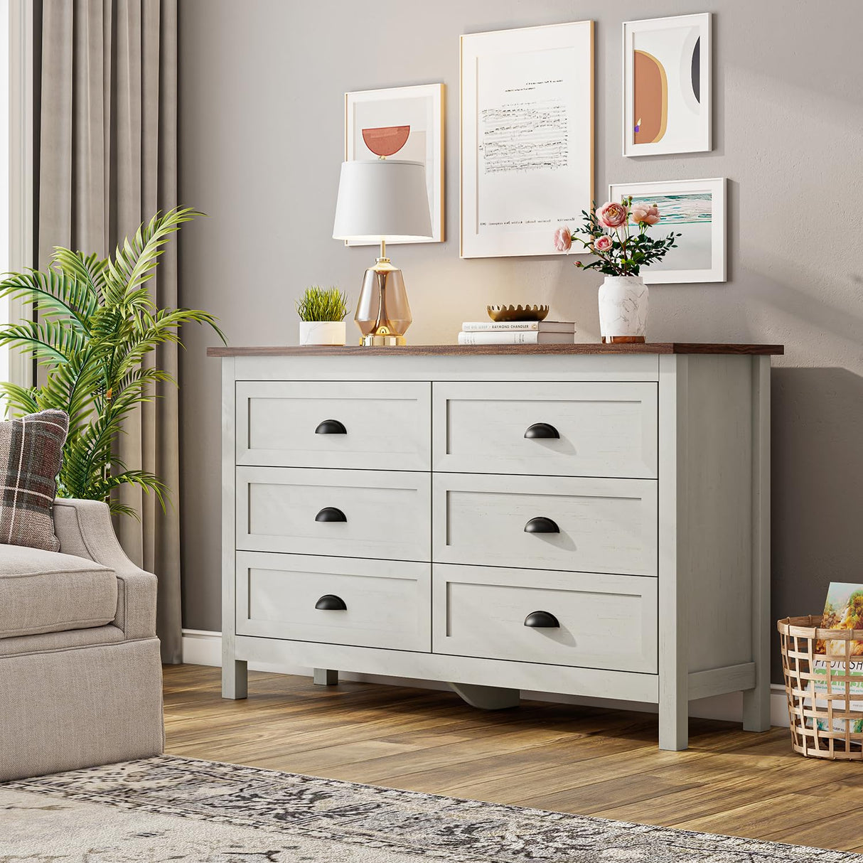 Wananlanen Farmhouse Dresser for Bedroom, Antique Double 6 Drawer Dresser & Chest of Drawer with Metal Handle and Storage, Wood Rustic Dresser Organizer for Living Room(Antique White) Wananlanen