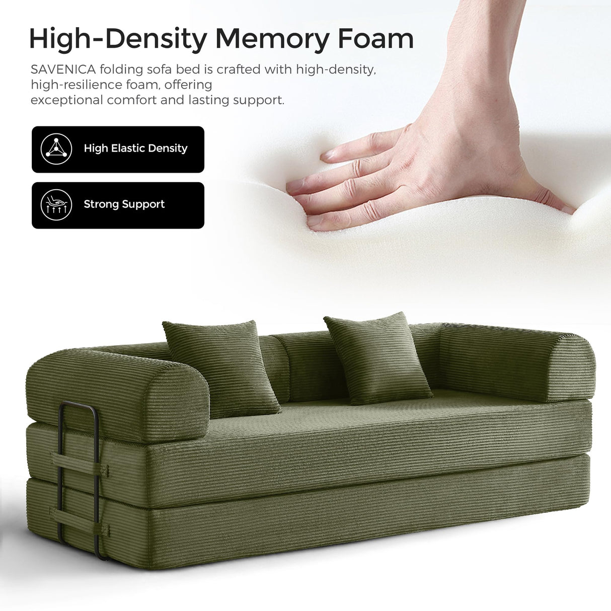 79" Convertible Sofa Bed with Fixed-Shape Frame & Removable Armrests, Modular Corduroy Sleeper Sofa, Folding Mattress Couch for Small Spaces - No Assembly Needed in Light Green (Includes 2 Pillows) SAVENICA