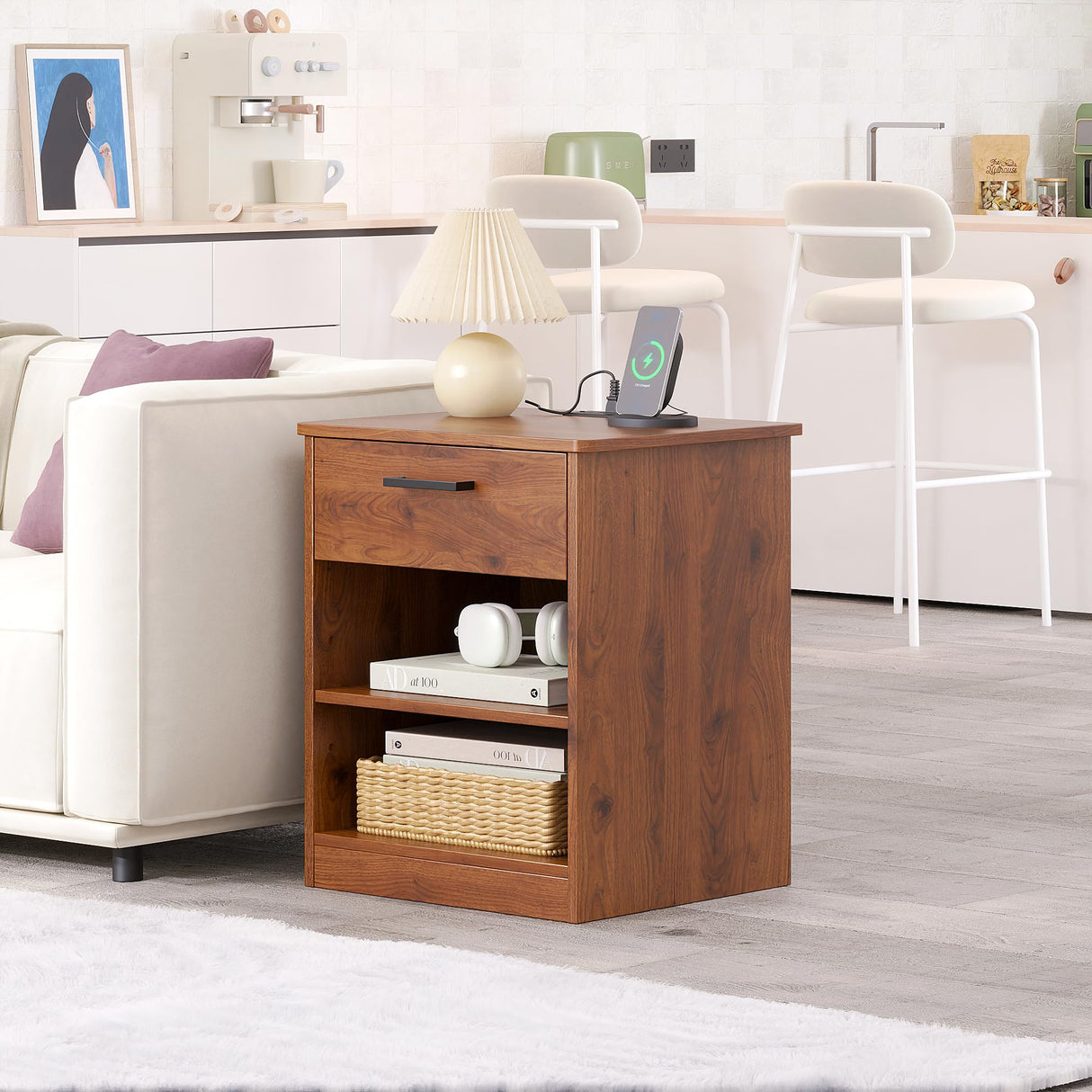 ODIKA Everyday Side Table with Fast Charging Station - USB C Cable Fast Charging, Wooden Brown Nightstand Bedside Table with Drawer, End Table with Optional Adjustable Shelf for Bedroom, Set of 1 ODIKA