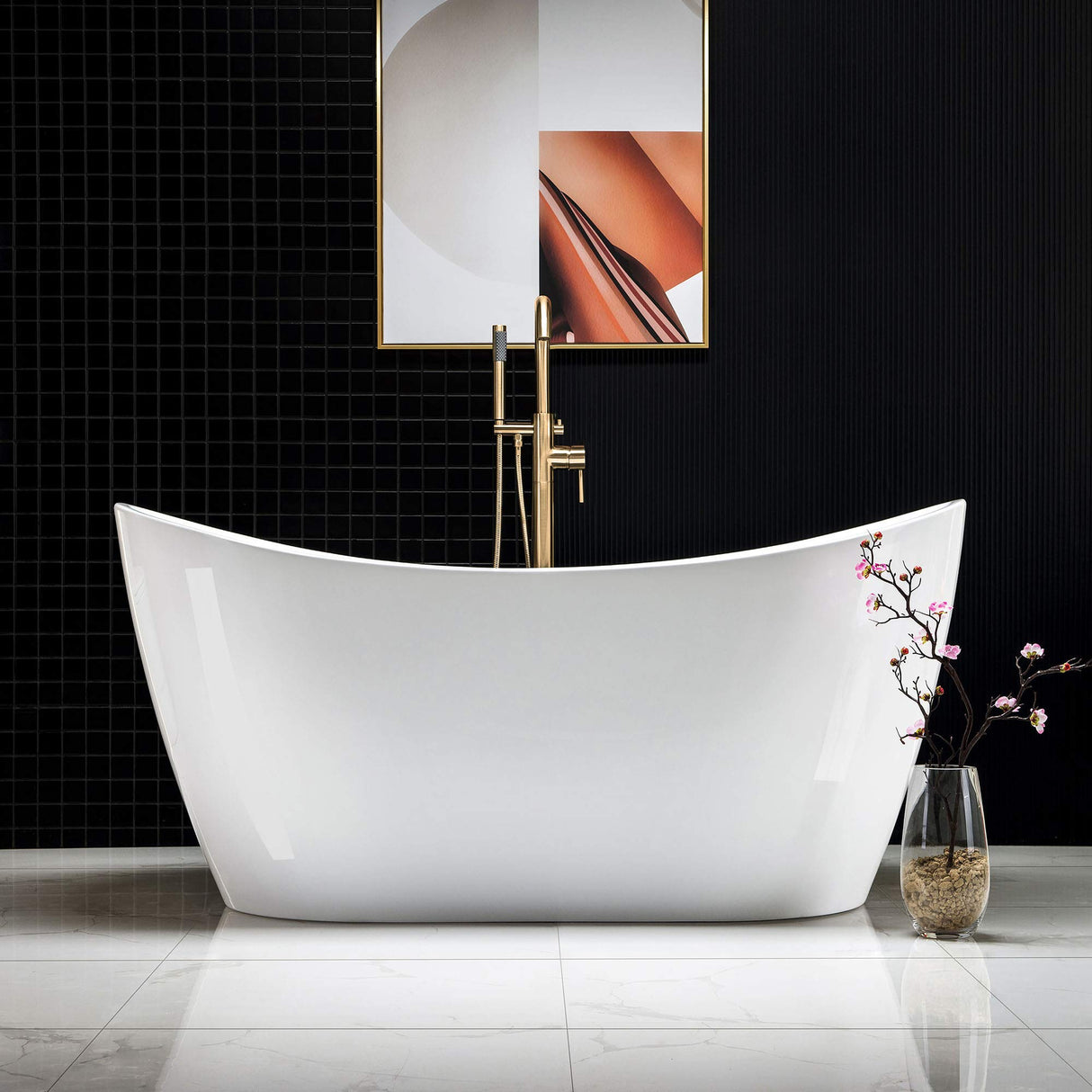 WOODBRIDGE 59" Acrylic Freestanding Bathtub Contemporary Soaking White Tub with Brushed Gold Overflow and Drain,BTA1516-BG-Drain-&O WOODBRIDGE