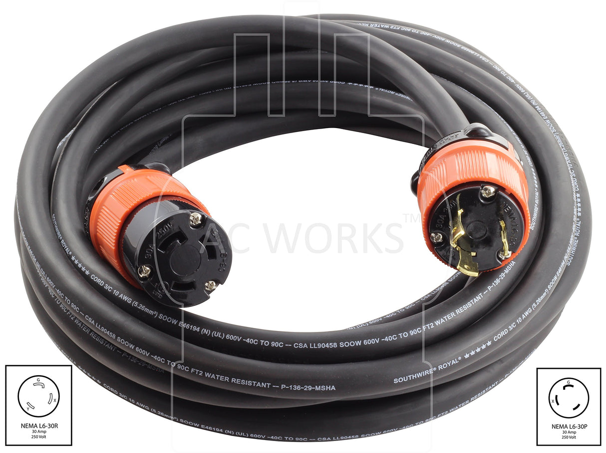 AC WORKS NEMA L6-30 Rubber SOOW 10/3 Extension Cord (100FT) AC WORKS