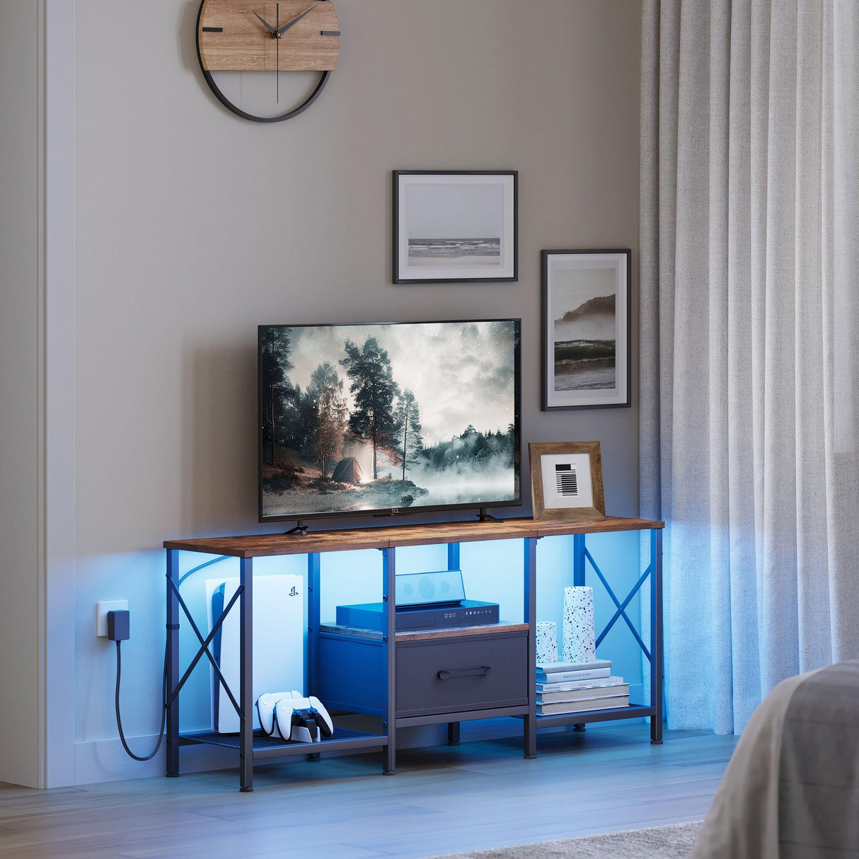 JARHETUN LED TV Stand with Fabric Drawer, Entertainment Center for 50 55 Inch TV, Industrial TV Console Table with Open Storage Shelves for Living Room, Bedroom, Rustic Brown JARHETUN