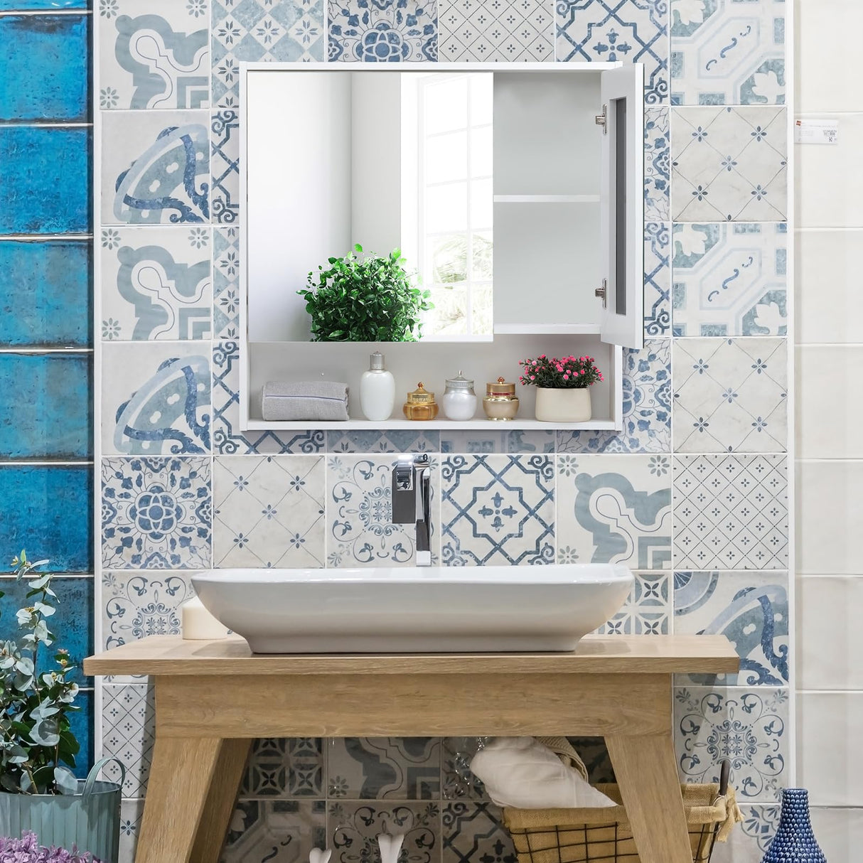 ALIMORDEN Medicine Cabinet with Mirror and Shelves, Bathroom Wood Wall Cabinet Over The Toilet, Vanity, Recessed or Surface Mount, 30.07 Inch x 30 Inch, White ALIMORDEN