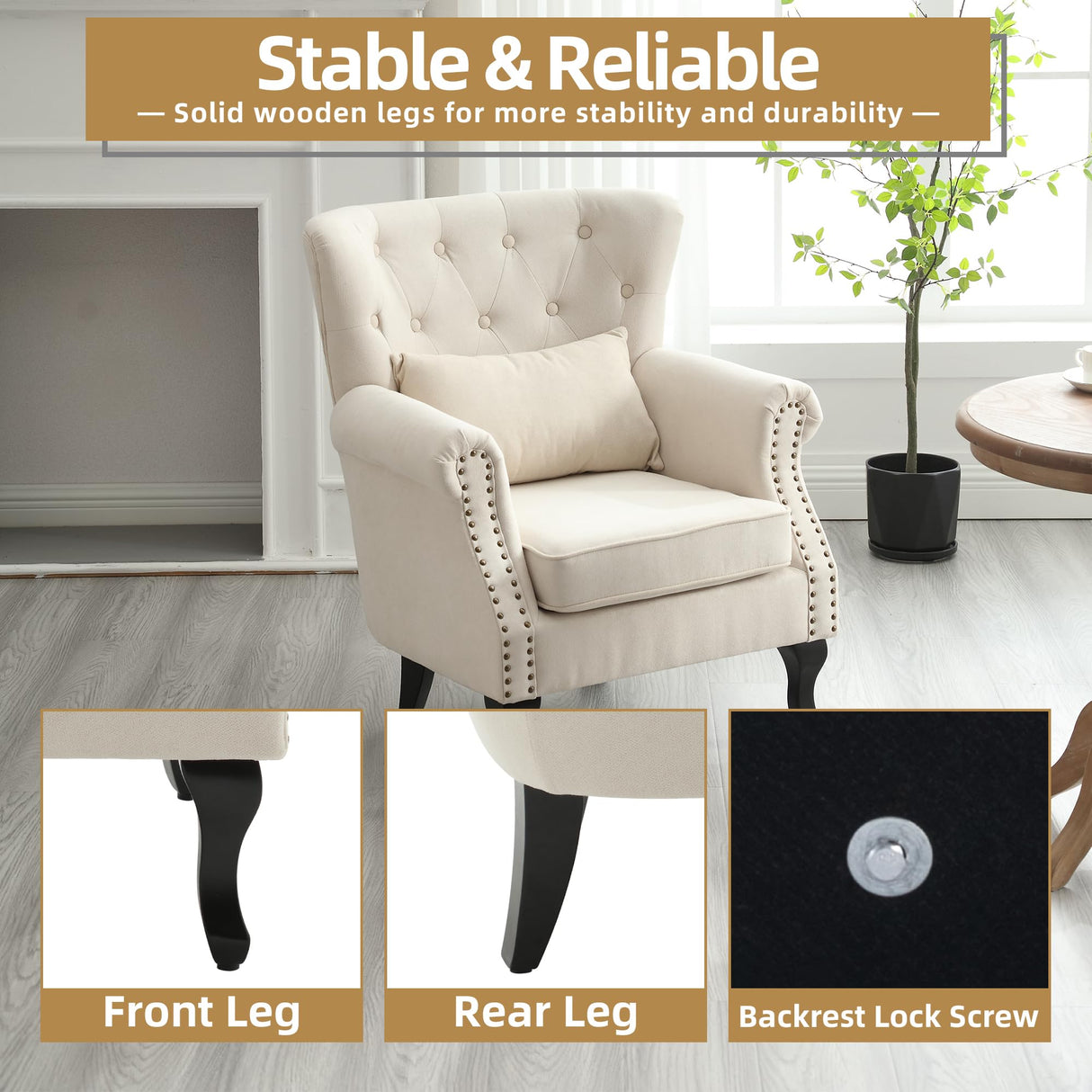 ABET Linen Wingback Chair Set of 2, Upholstered Club Chair for Living Room, Modern Rivet Trim Accent Armchair with Removable Lumbar Pillow, Comfy Single Sofa for Living Reading Room, Beige ABET