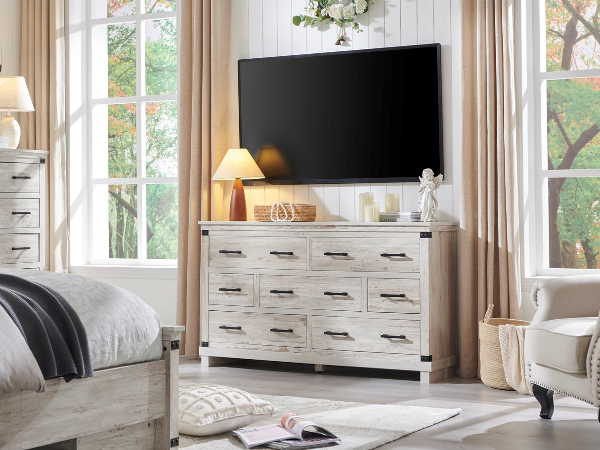 Farmhouse 7 Drawer Dresser for Bedroom - Wood Large Dressers & Chests of Drawers for Closet, 54 Inch Wide Dresser TV Stand with Storage for Bedroom, Living Room, Antique Brush White RedLemon