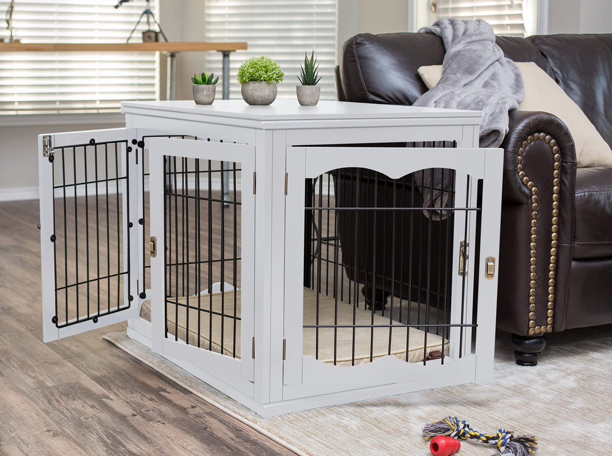 BIRDROCK HOME Decorative Dog Kennel with Pet Bed - Small Indoor Pet Crate, Double Door Design, Engineered Wood & Metal Wire, Furniture-Style House for Small Dogs, Side Table or Nightstand, White BIRDROCK HOME