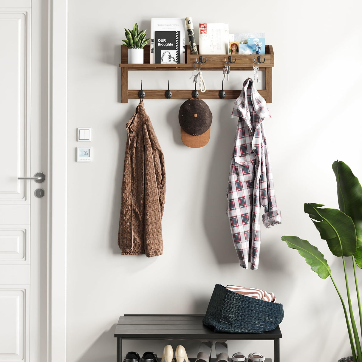 AMBIRD Wall Hooks with Shelf 26.57inch Entryway Wall Hanging Shelf Wood Coat Hooks for Wall with Shelf Coat Rack Wall Mount Rack with 5 Dual Hooks 3 Key Hooks Mail Organizer and Key Rack Key Holder AMBIRD