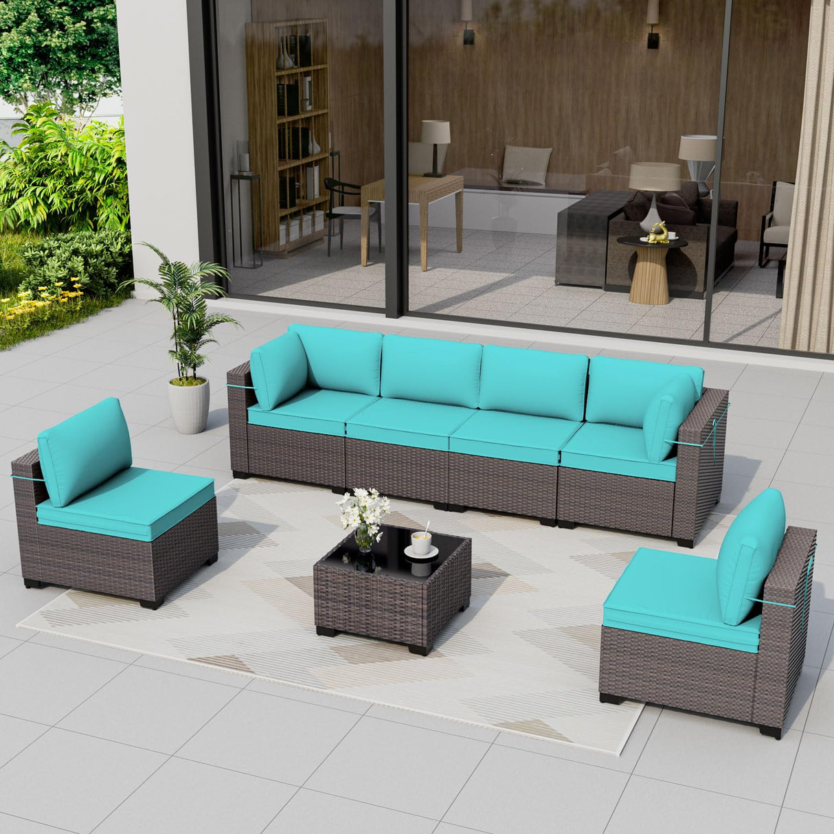 Gotland 7 Pieces Patio Furniture Set with 1 Coffee Table, 6 Seater Wicker Rattan Patio Set with 29.5'' High Backrest Thick Cushions Adjustable Foot Pads, for Porch Deck Garden Green Blue Gotland