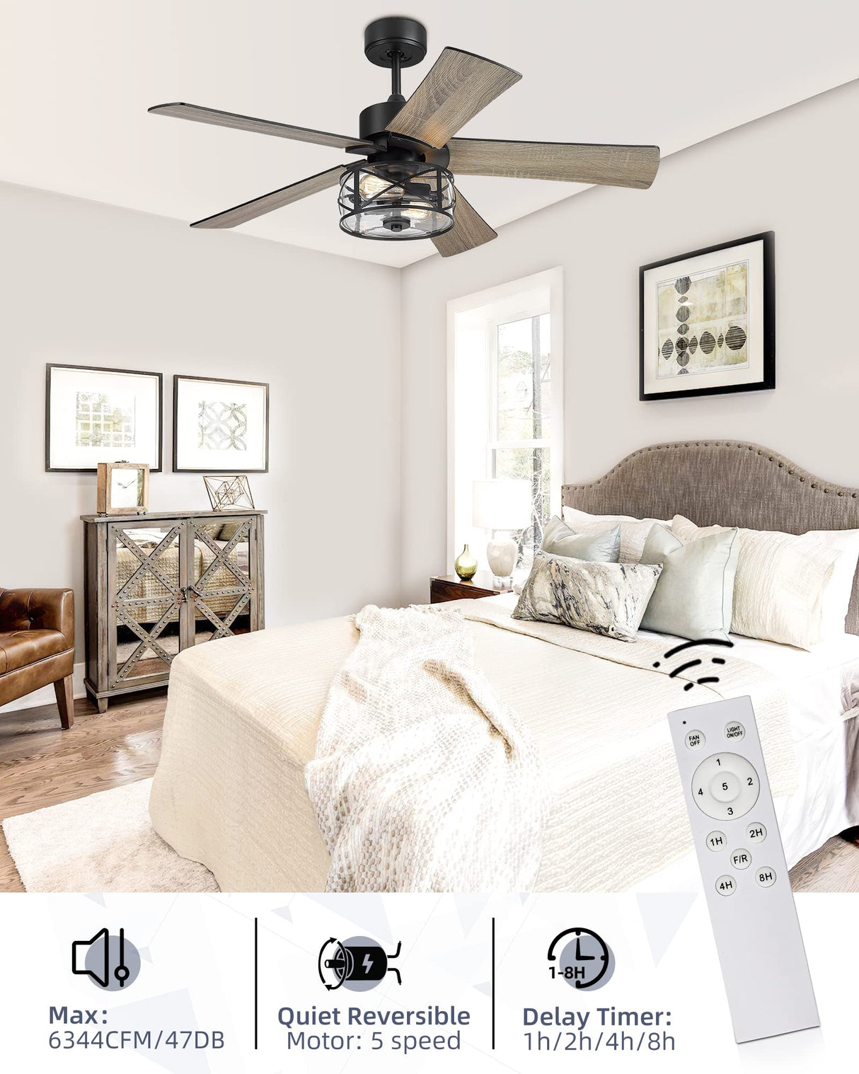 YOUKAIN Farmhouse Ceiling Fans, 48 Inch Industrial Ceiling Fan with Light and Remote Control, Clear Glass, 5-Reversible Blades with Matte Black/Wooden Finish, 52-YJ632 YOUKAIN