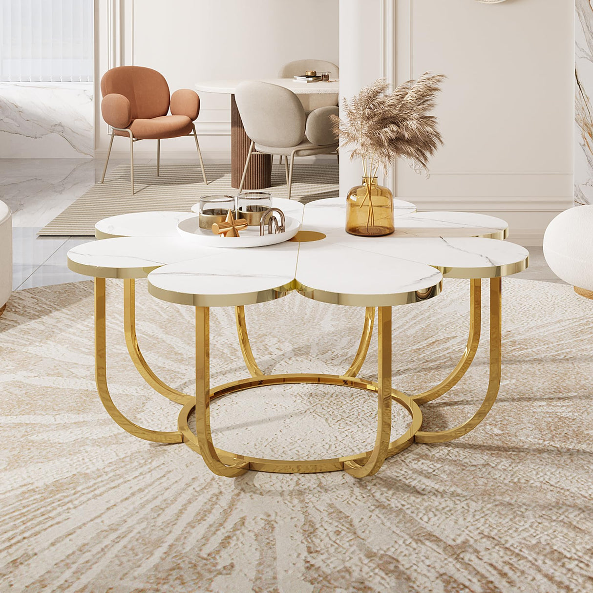 Tribesigns White and Gold Coffee Table, Modern Flower-Shaped Coffee Table with Faux Marble Tabletop, 39.37-Inch Floral Accent Center Table with Metal Frame for Living Room, Bedroom, Lounge Tribesigns