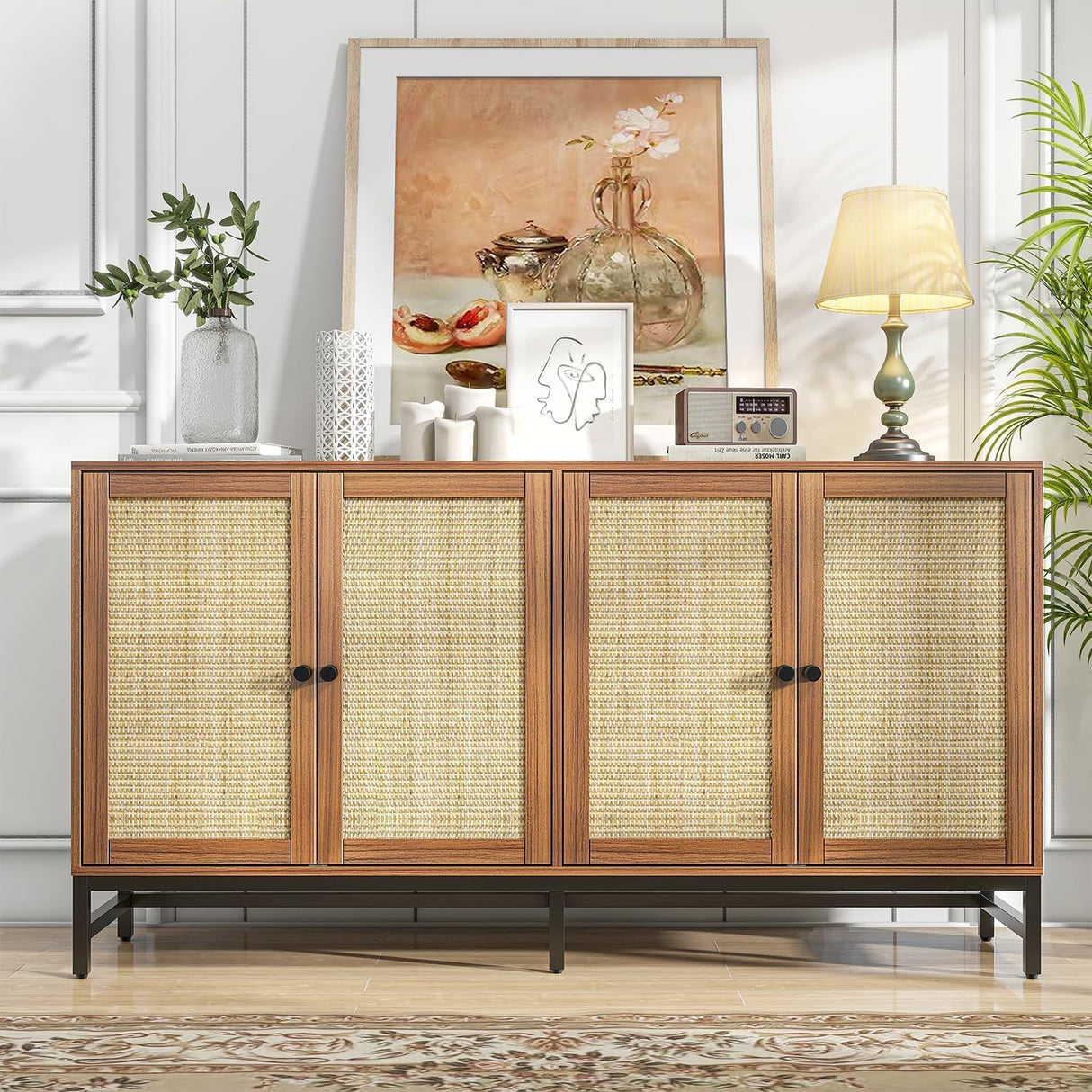 ZLWJGY Credenza Rattan Buffet Cabinet, Sideboard Storage Accent Cabinet with 4 Wicker Doors, Wide Modern Console Cabinet for Kitchen, Living Room and Dining Room, Walnut ZLWJGY