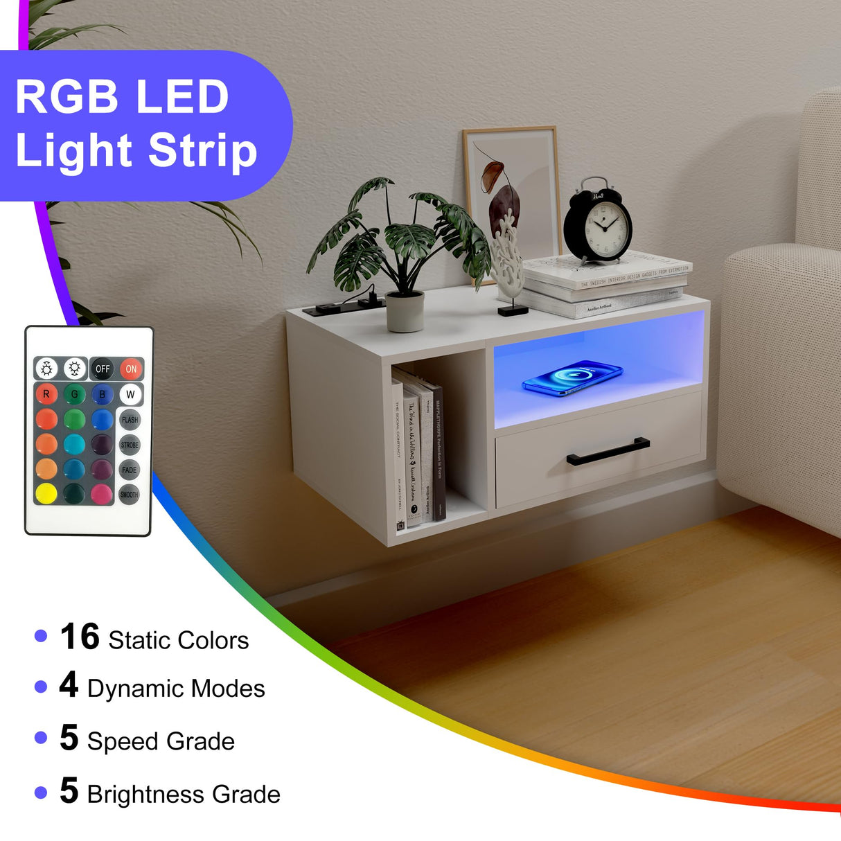 Homaterial Floating Nightstand with Charging Station and LED Lights, Floating Bedside Table with Drawers Wall Mounted Nightstands,for Bedroom Room, 21.3" x 11.8" x 10",White Homaterial