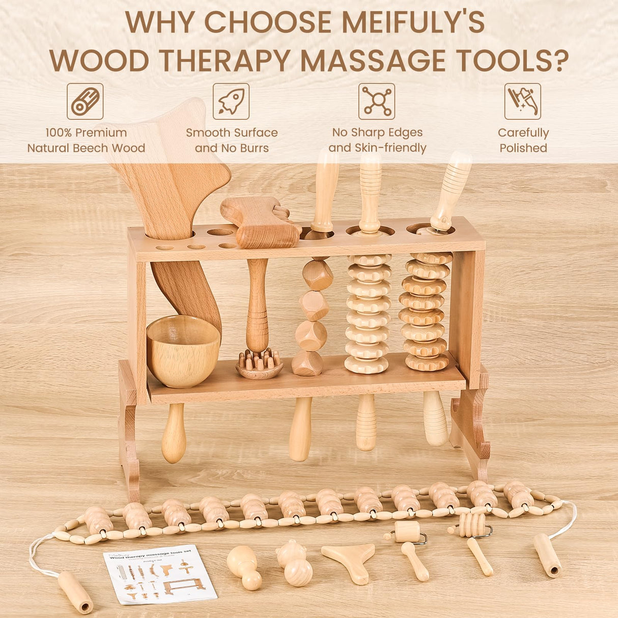 Meifuly 13 in 1 Wood Therapy Massage Tools with Luxury Storage Shelf, Complete Maderotherapia Wooden Massager Kit for Body Shaping, Lymphatic Drainage, Muscle Pain Relief, Anti-Cellulite Meifuly