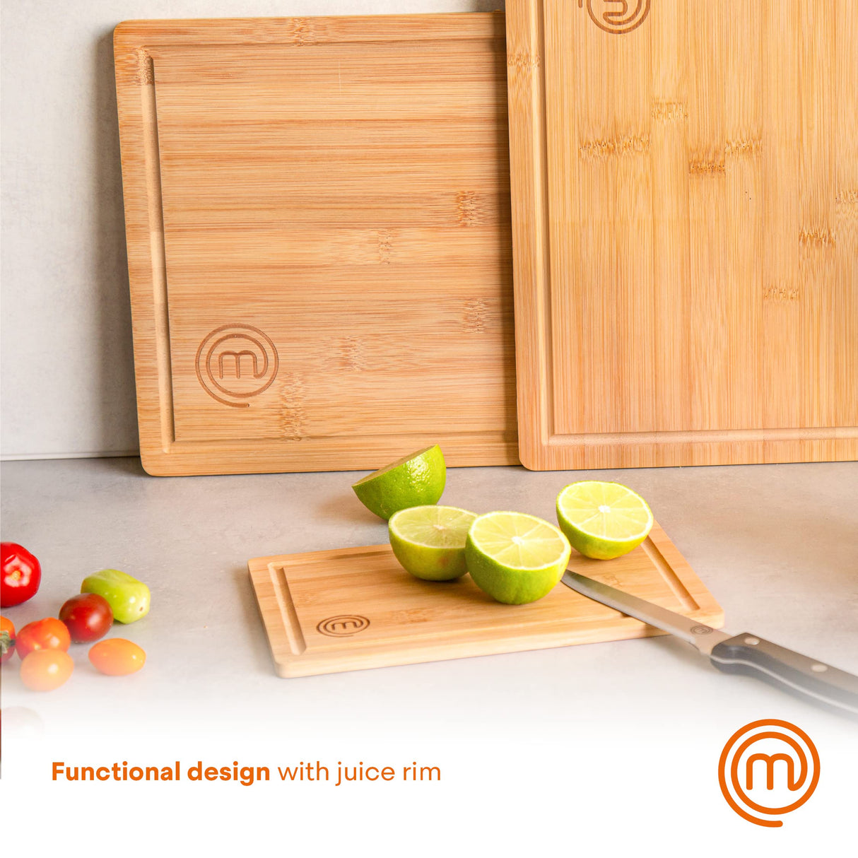 MasterChef Cutting Boards for Kitchen, Bamboo Chopping Board Set of 3, Organic Food Safe Surfaces for Preparing & Serving Meat, Cheese etc, Large, MasterChef