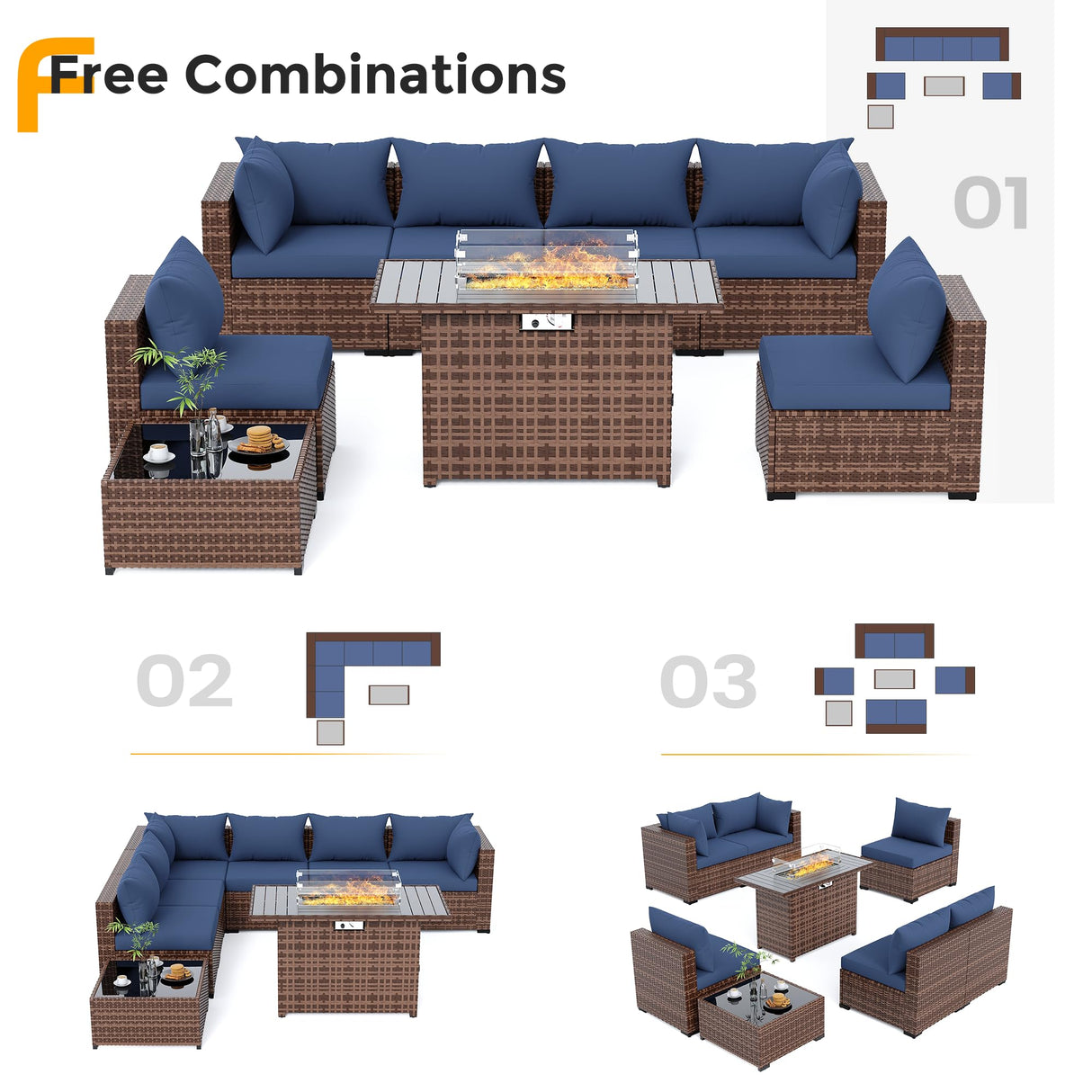 UDPATIO Outdoor Patio Furniture Set with Fire Pit Table, 8 Piece Outdoor Sectional Sofas, All-Weather Wicker Patio Conversation Set for Garden, Backyard Navy Blue UDPATIO
