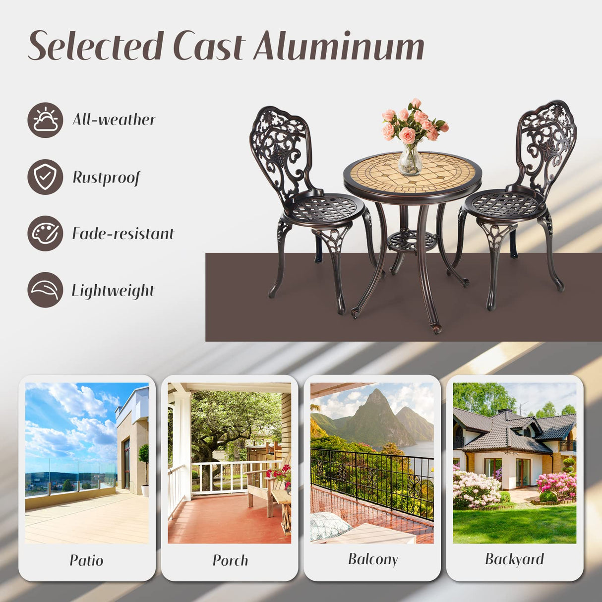 Tangkula 3 Pieces Patio Bistro Set, Cast Aluminum Outdoor Table and Chairs Set, Outdoor Round Bistro Table and Chairs Furniture for Porch, Balcony, Yard, Lawn, Poolside Tangkula