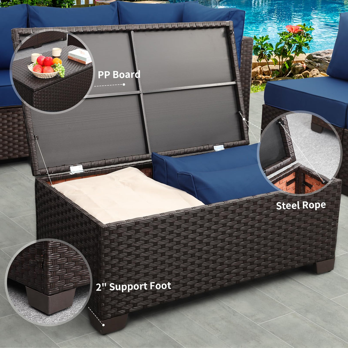 Rattaner Patio Furniture Set 5 Pieces Outdoor Furniture Set Outdoor Couch Coffee Table with Storage No-Slip Cushions and Waterproof Covers, Navy Blue Rattaner
