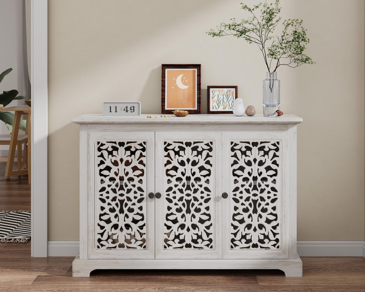 LKTART 44" Sideboard Buffet Cabinet, Farmhouse Accent Storage with 3 Hollow Carved Doors for Living/Dining Room,Kitchen Antique White LKTART